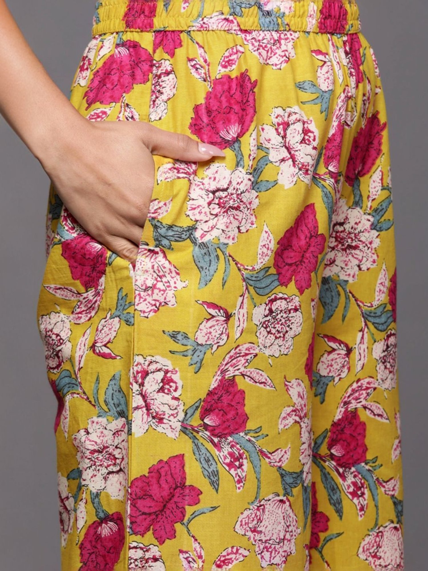 Varanga Yellow Cotton Floral Print Tunic Pant Set