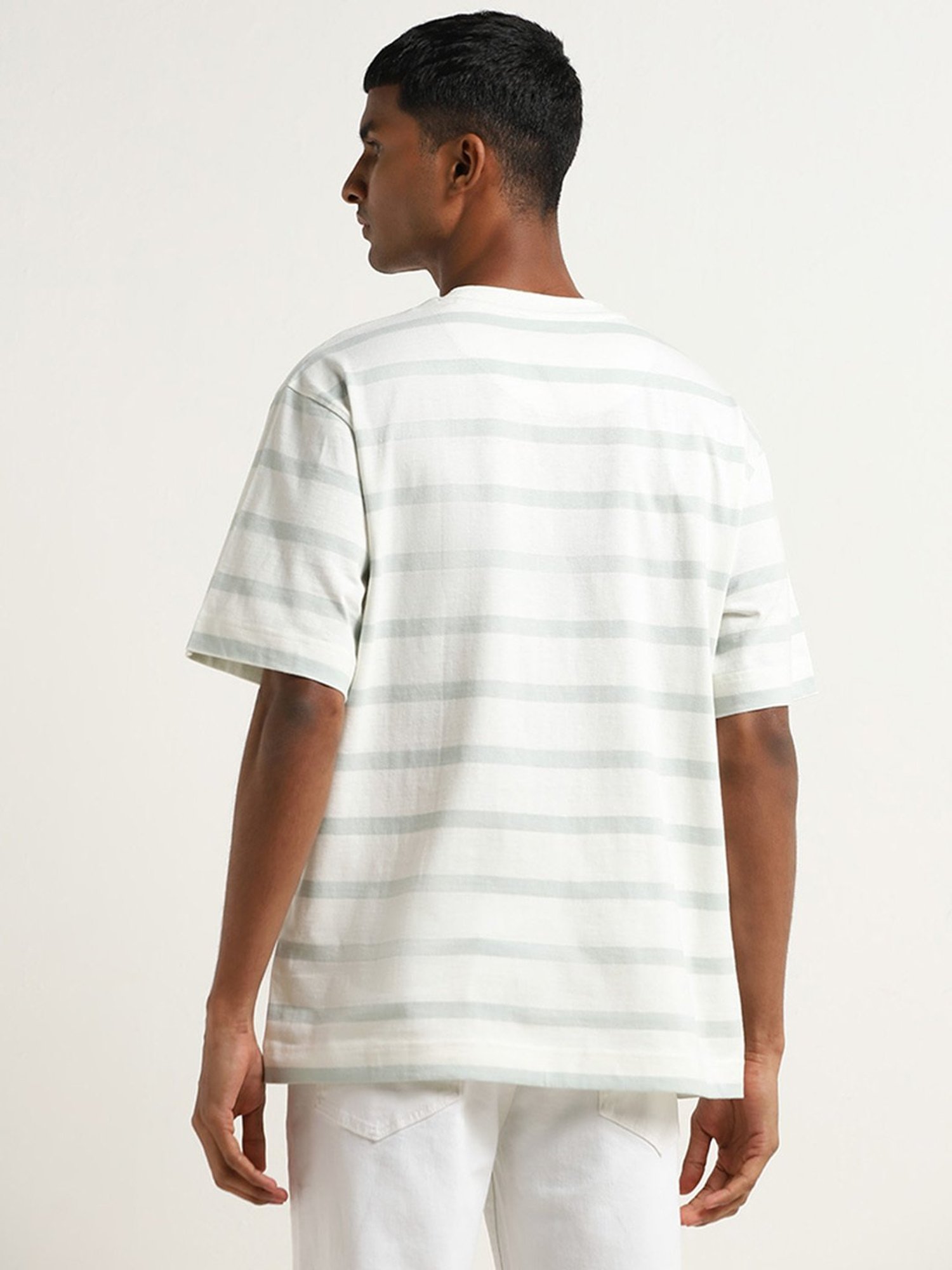 Nuon by Westside Sage Stripe Pattern Relaxed-Fit Cotton T-Shirt