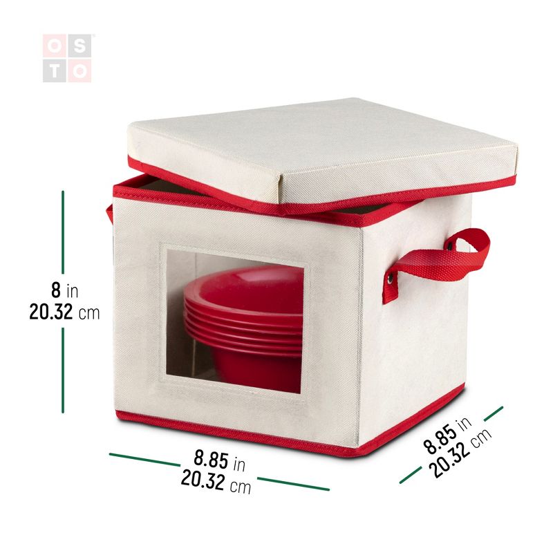OSTO Holiday Dinnerware Storage Box with Lid; Saucer/Soup Plate Box with Cardboard Insert Has Clear Window, Handgrips, & Lid, Color Ivory and Red