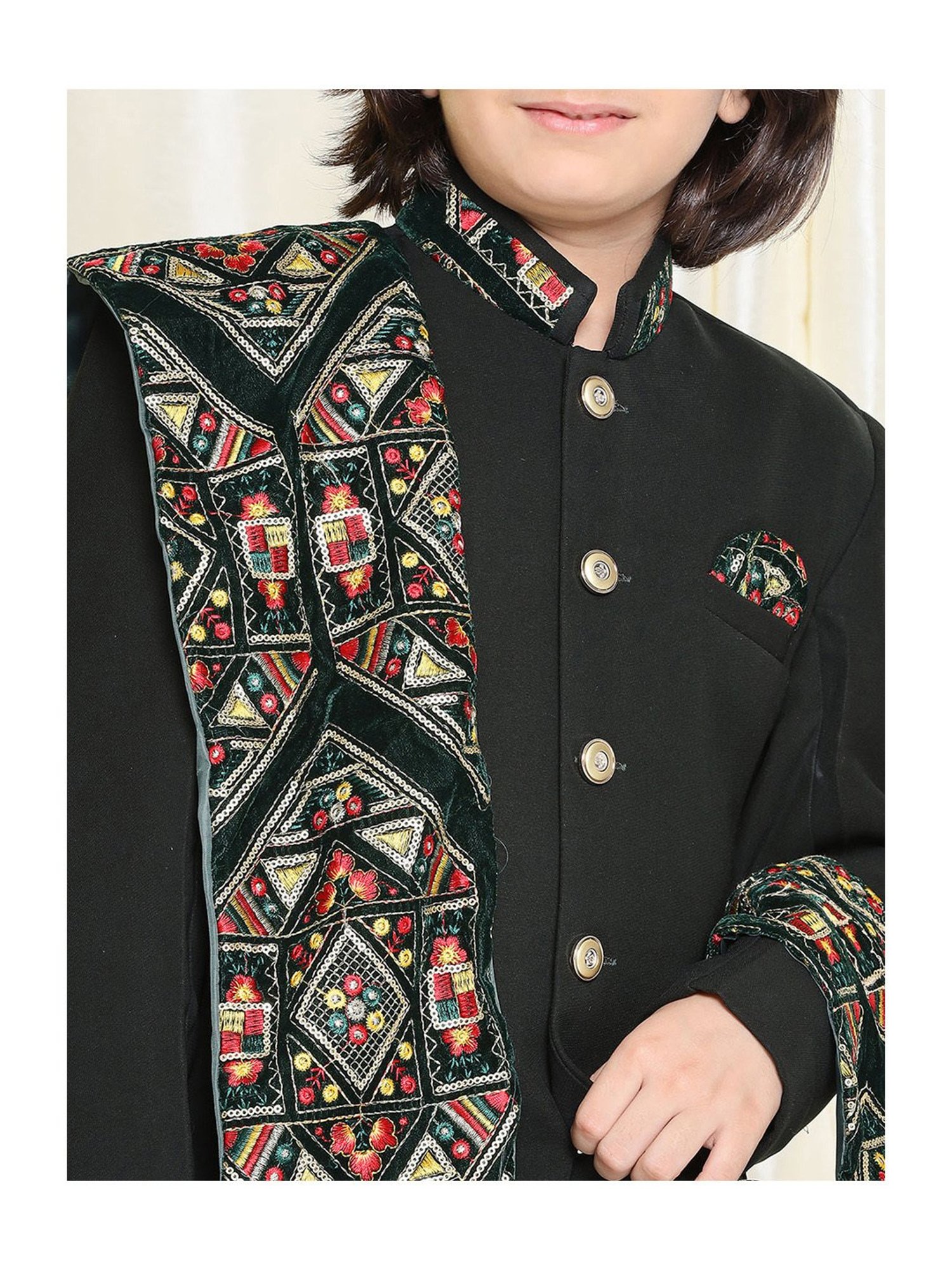 AJ Dezines Kids Black Embellished Full Sleeves Sherwani with Pants