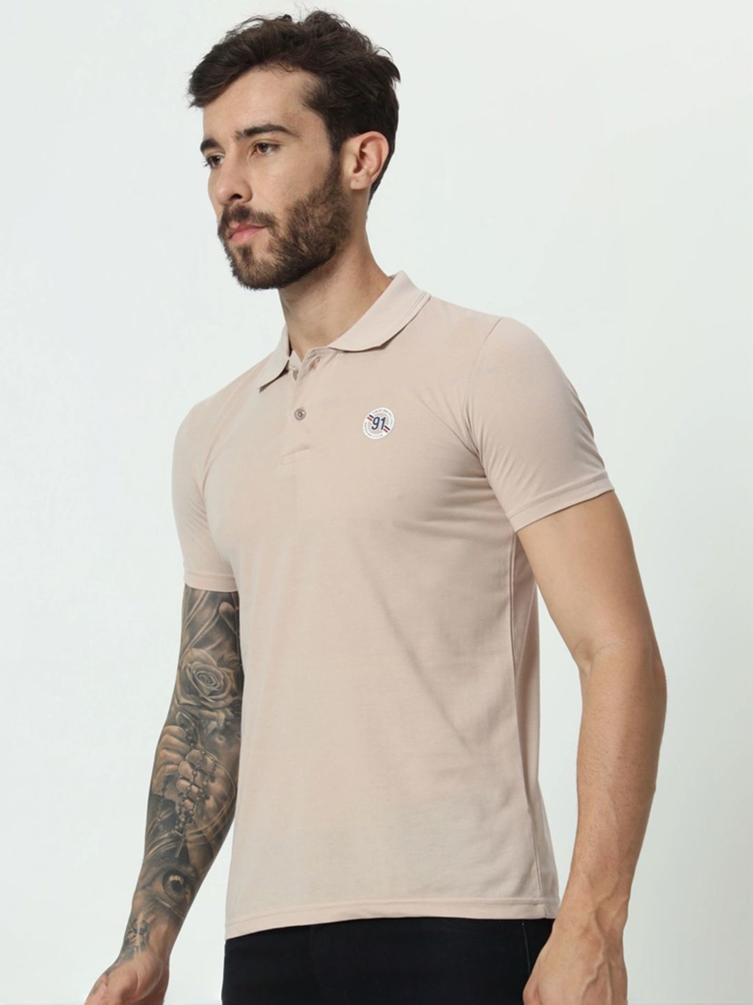Tab91 Beige Regular Fit Printed Polo T-Shirts