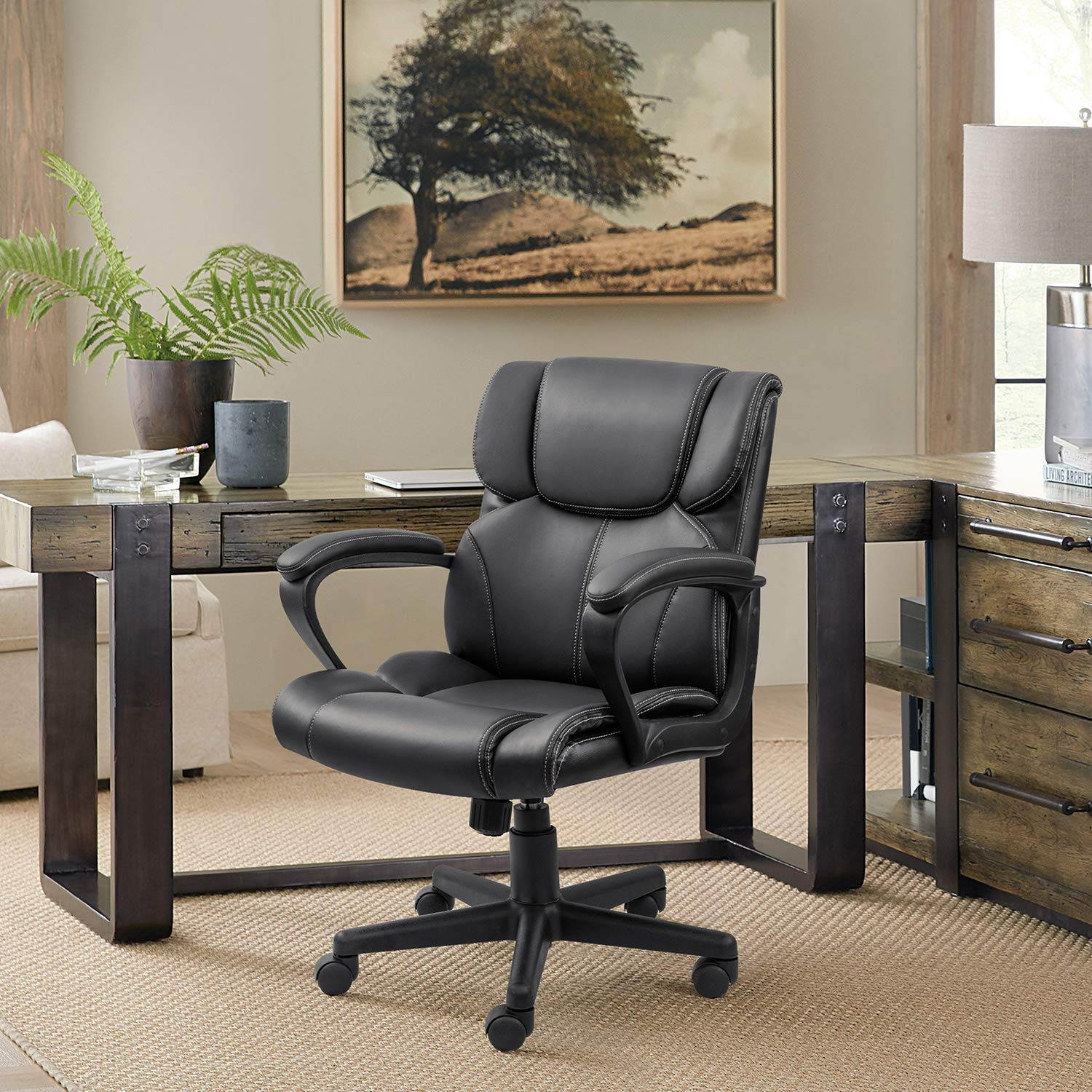 Furmax Mid Back Executive Office Chair Leather-Padded Desk Chair with Armrests, Ergonomic Swivel Task Chair with Lumbar Support (Black)