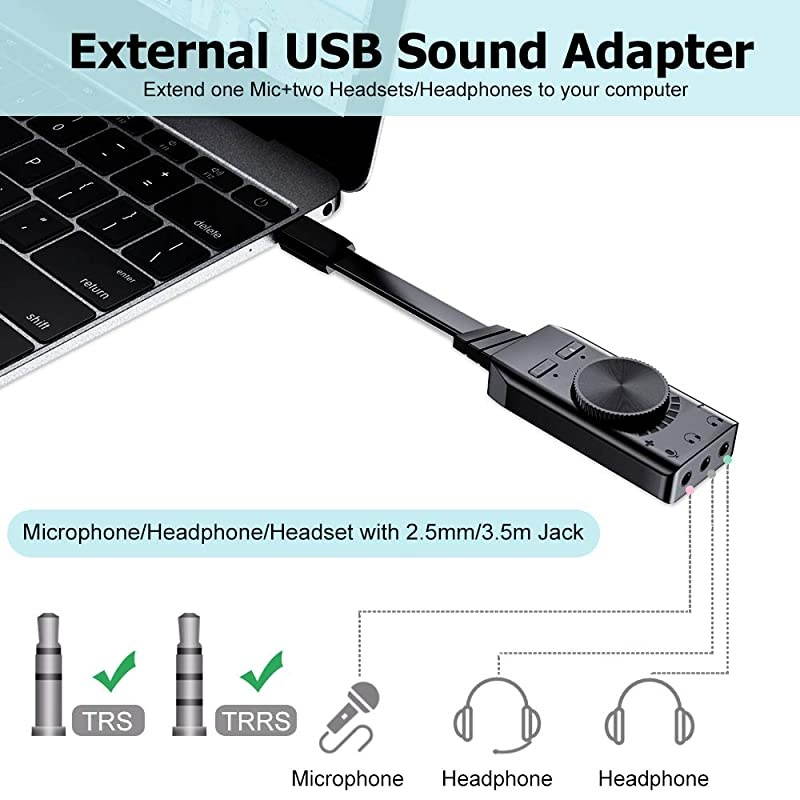USB Sound Card Adapter  71 Channel External Audio Adapter Stereo Sound Card Converter 35mm AUX Microphone Jack for Gaming Headset Earphone PS4 Laptop Desktop Windows Mac OS Linux Plug Play