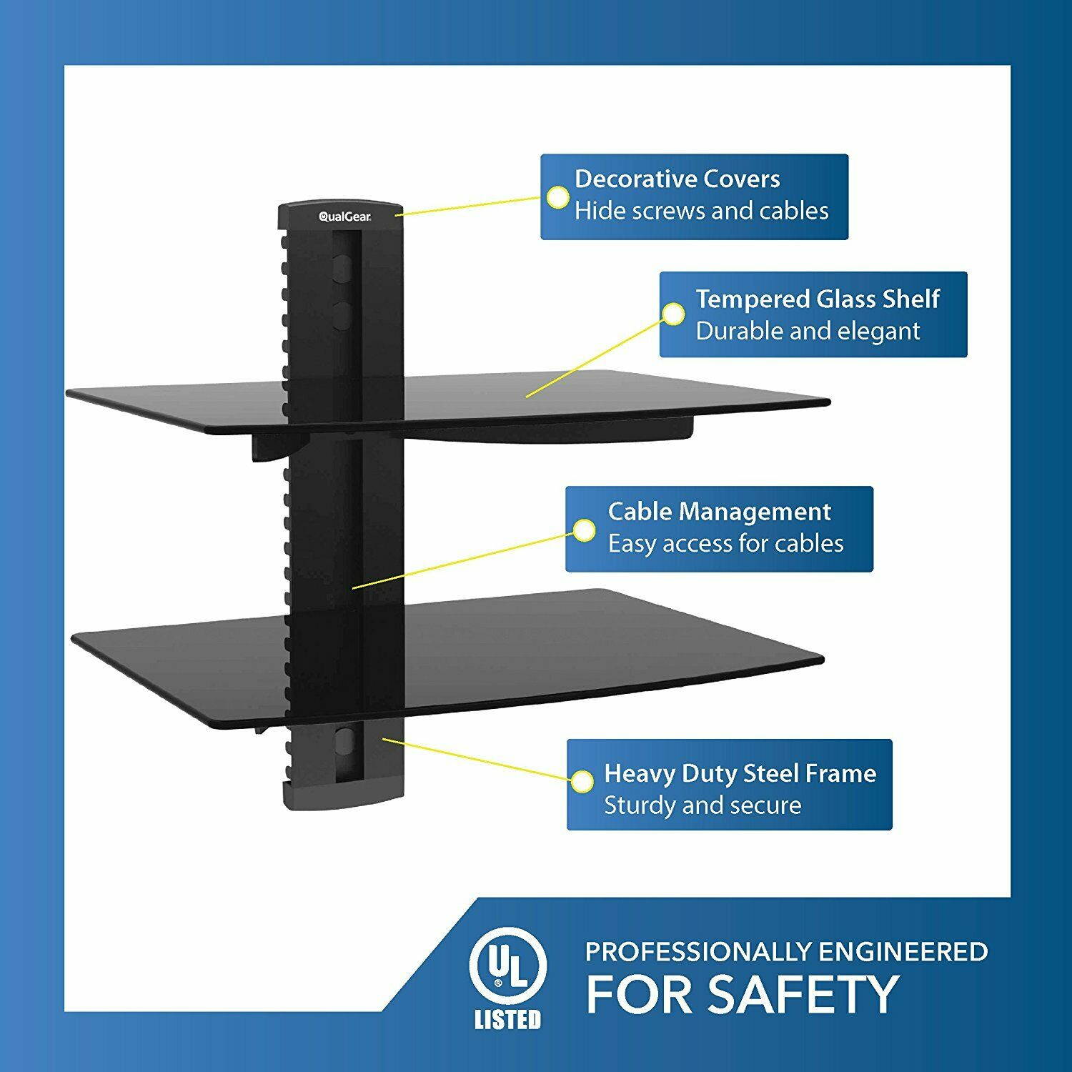 QualGear&reg; Universal Dual Shelf Wall Mount for A/V Components upto 8kgs/17.6lbs(x2), Black (QG-DB-002-BLK)