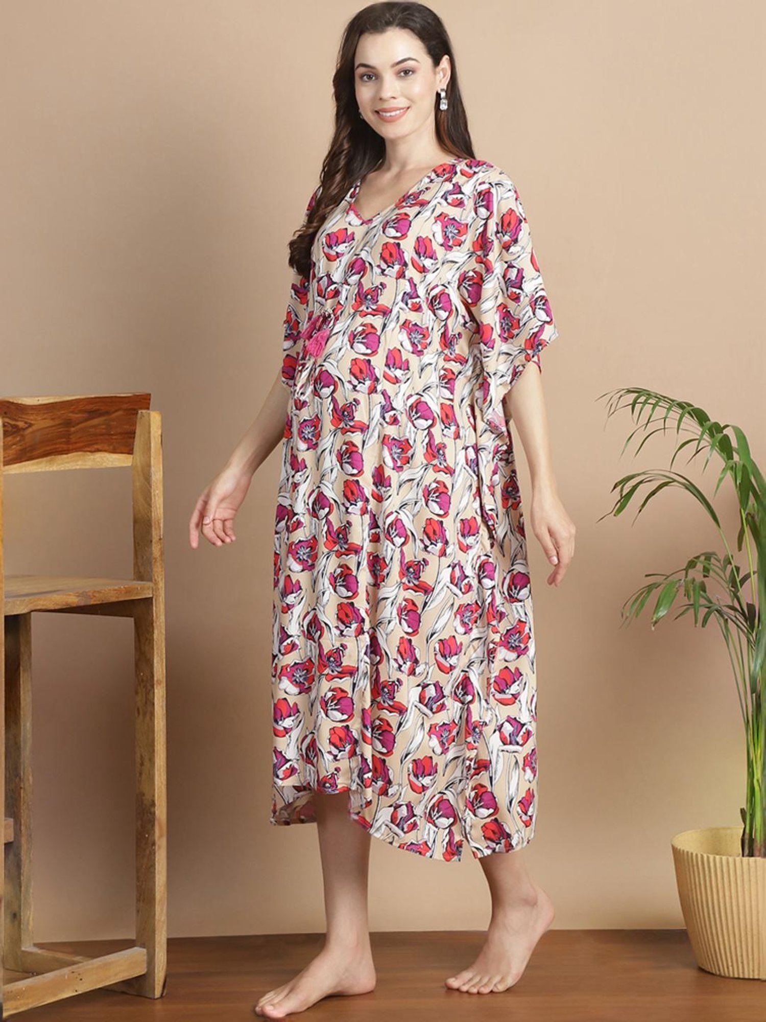 Secret Wish Beige Floral Print Kaftan