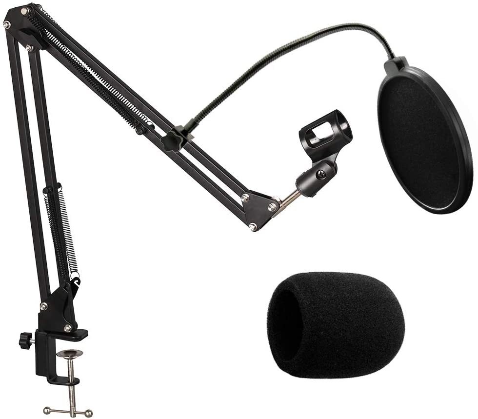 Microphone Stand, Mic Arm with Windscreen and Pop Filter Suspension Scissor Arm Stands for Studio Recording and Broadcasting, Blue Yeti Mic Stand