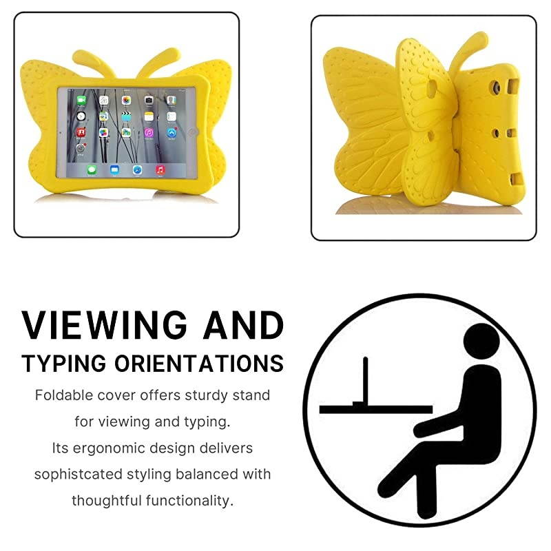 iPad 7 8 10.2 3D Cute Butterfly Case for Kids Light Weight EVA Stand Shockproof Rugged Heavy Duty Kids Friendly iPad Cover for Kids iPad 10.2 iPad 7th 8th (Yellow)
