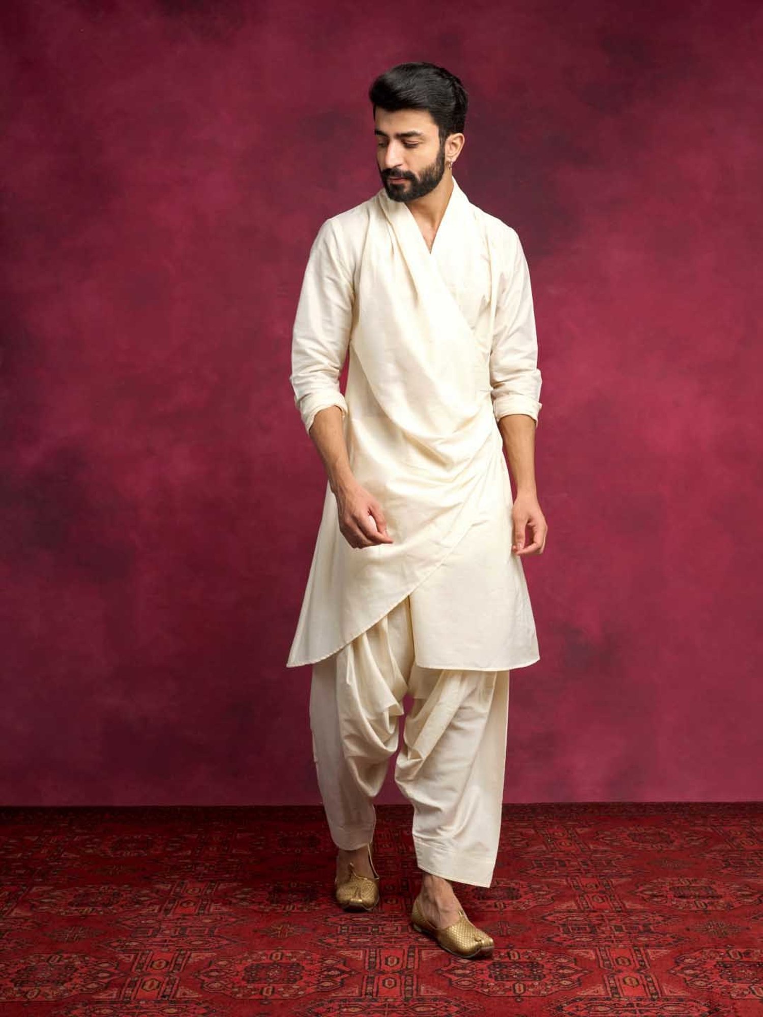 Abhishti Cream Straight Fit Cowl-Draped Asymmetric Kurta