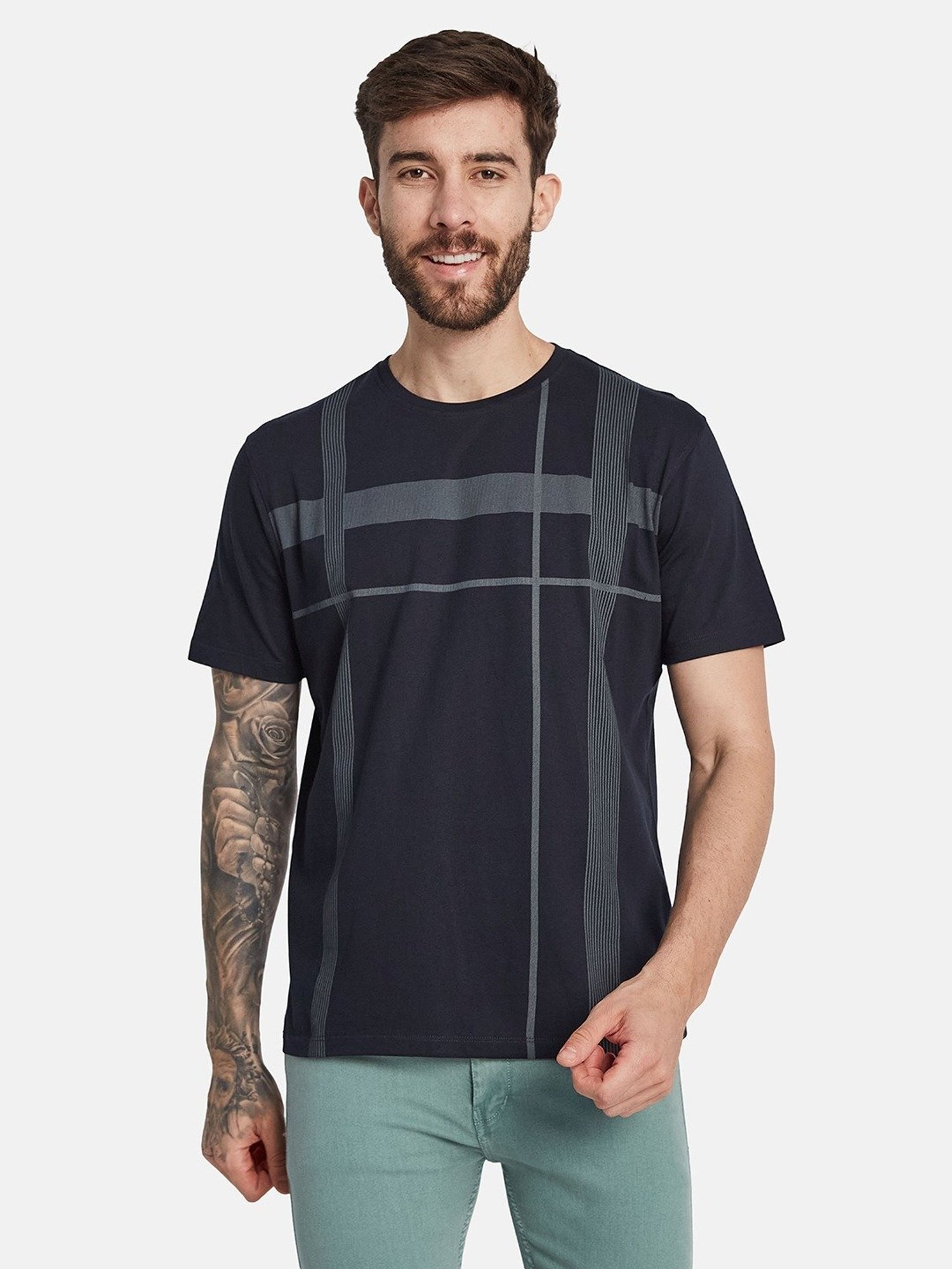 Octave Dark Navy Cotton Regular Fit Striped T-Shirt
