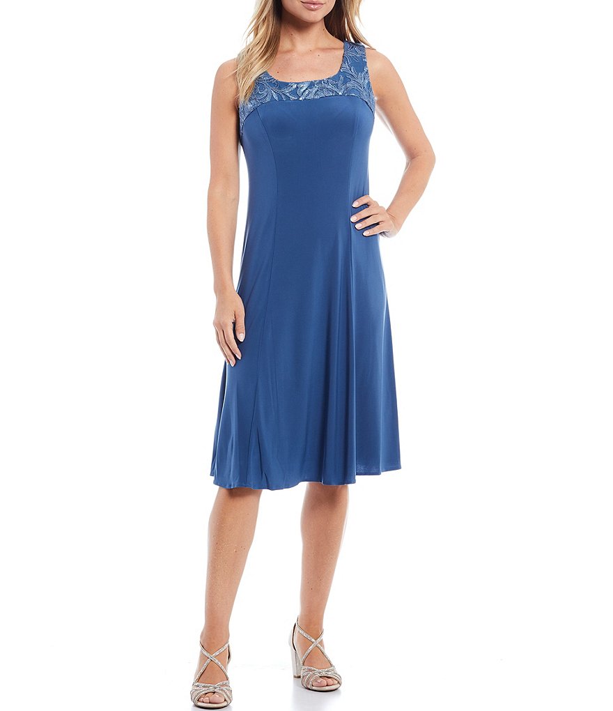 Le Bos A-Line Jersey Embroidered Scoop Neck 3/4 Sleeve 2-Piece Jacket Dress