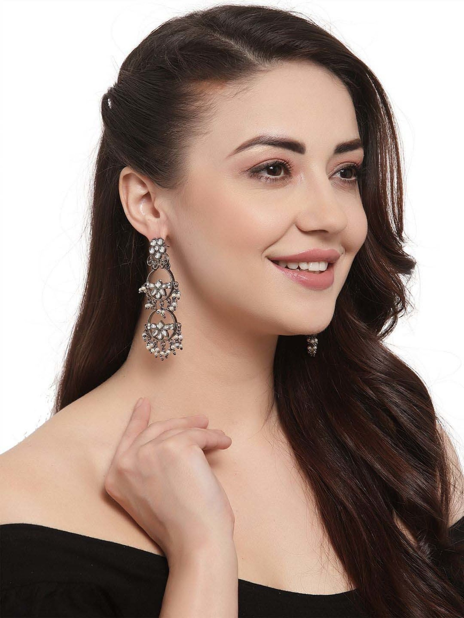 Panash Black Rhodium-Plated Crescent Shaped Chand Bali Earrings
