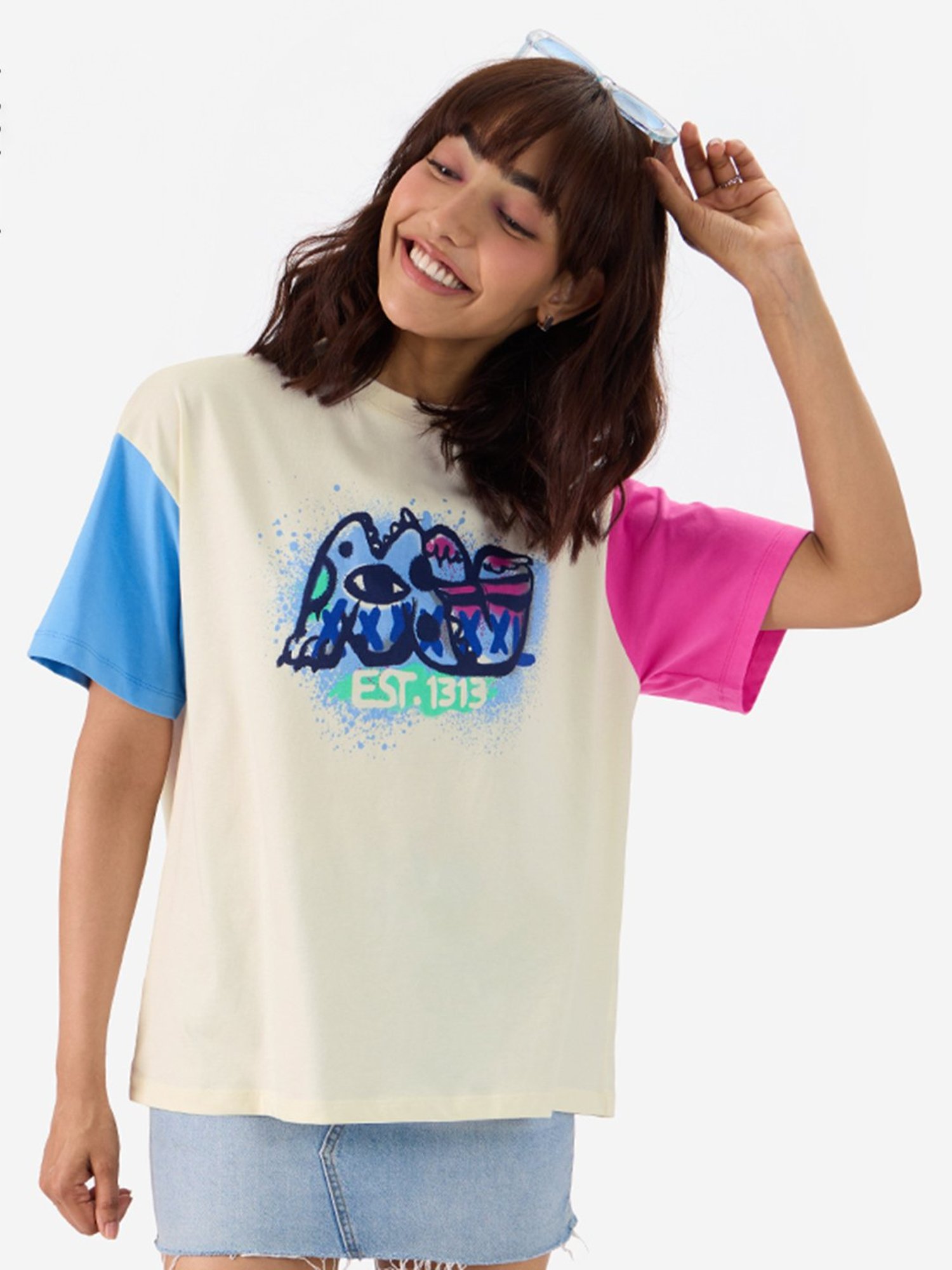 The Souled Store Multicolor Cotton Printed Oversized T-Shirt