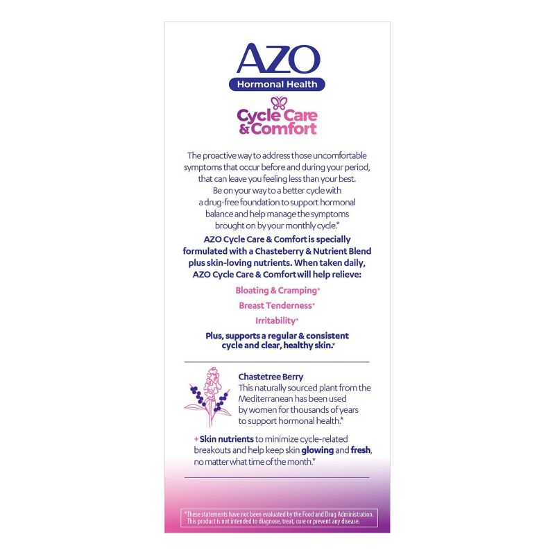 AZO Hormonal Health, Cycle Care + Comfort for Menstrual Symptoms - Chasteberry and Zinc - 30ct