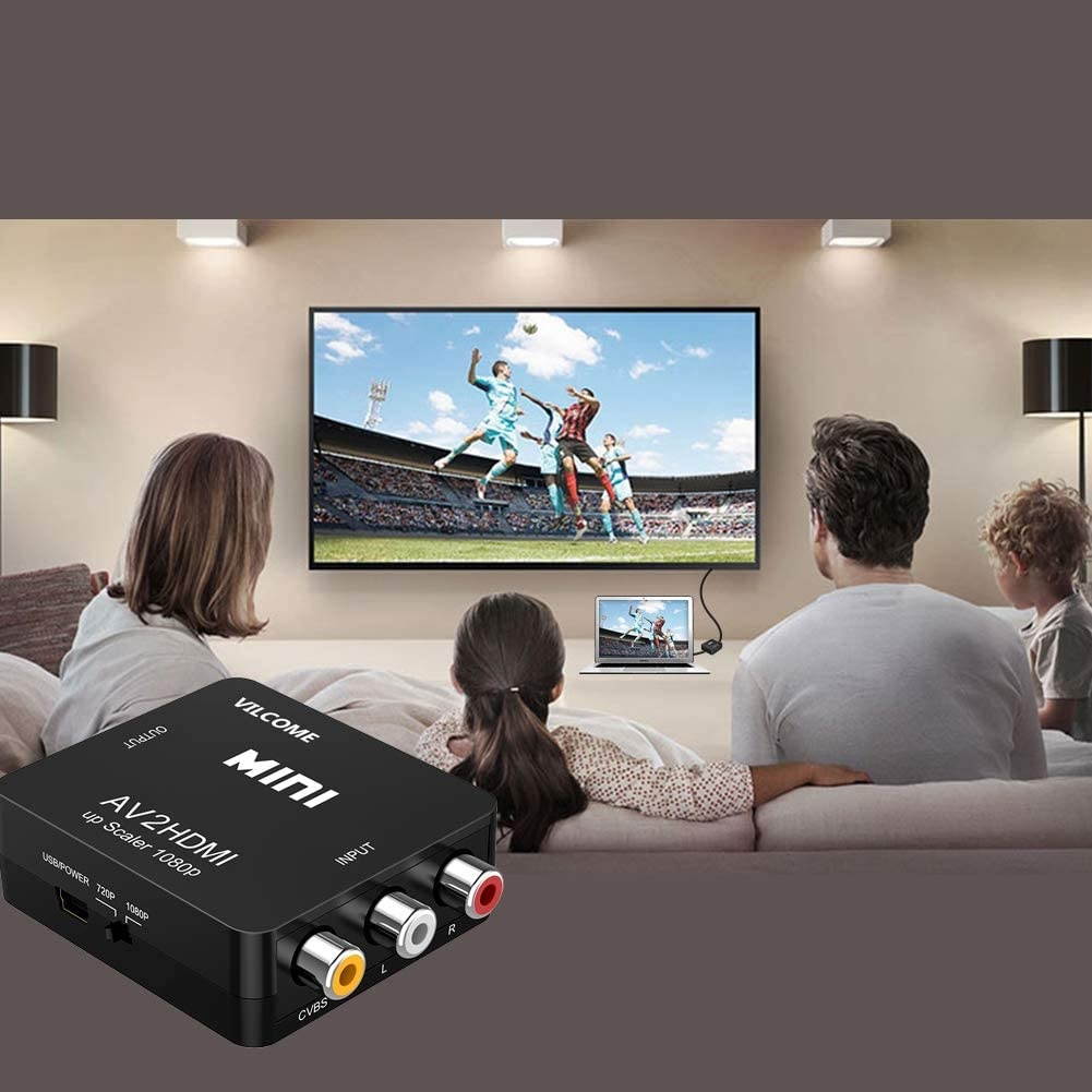 RCA to HDMI AV to HDMI Vilcome 1080P Mini RCA Composite CVBS AV to HDMI Video Audio Converter Adapter Supporting PAL/NTSC with USB Charge Cable for PC Laptop Xbox PS4 PS3 TV STB VHS VCR DVD(Black)