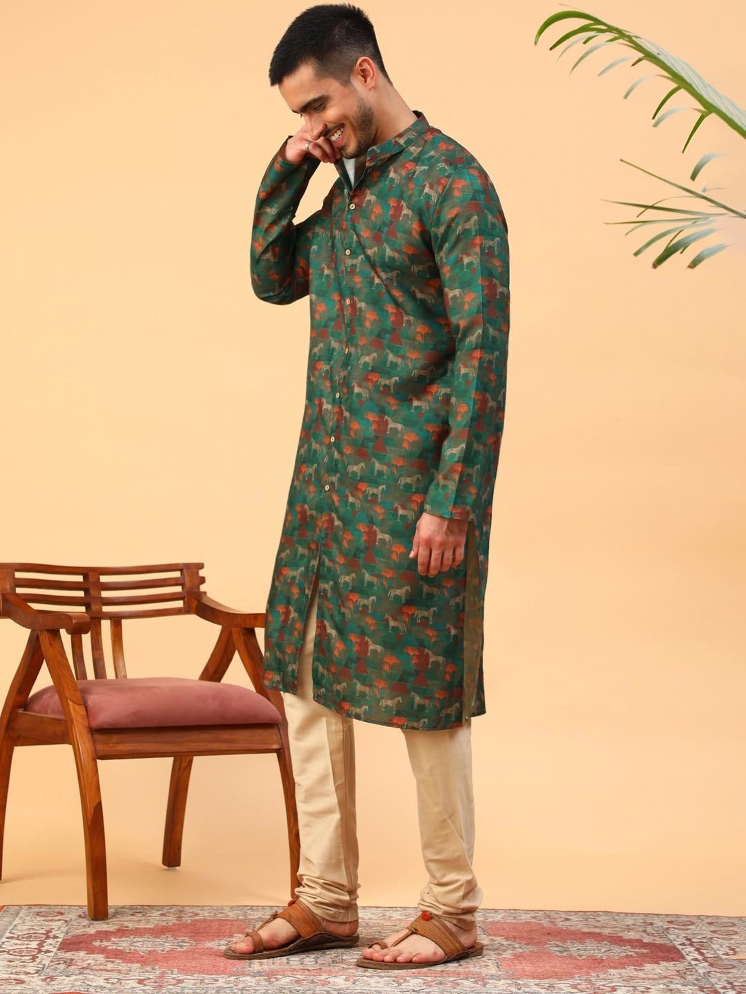 Manthan Fawn & White Regular Fit Kurta