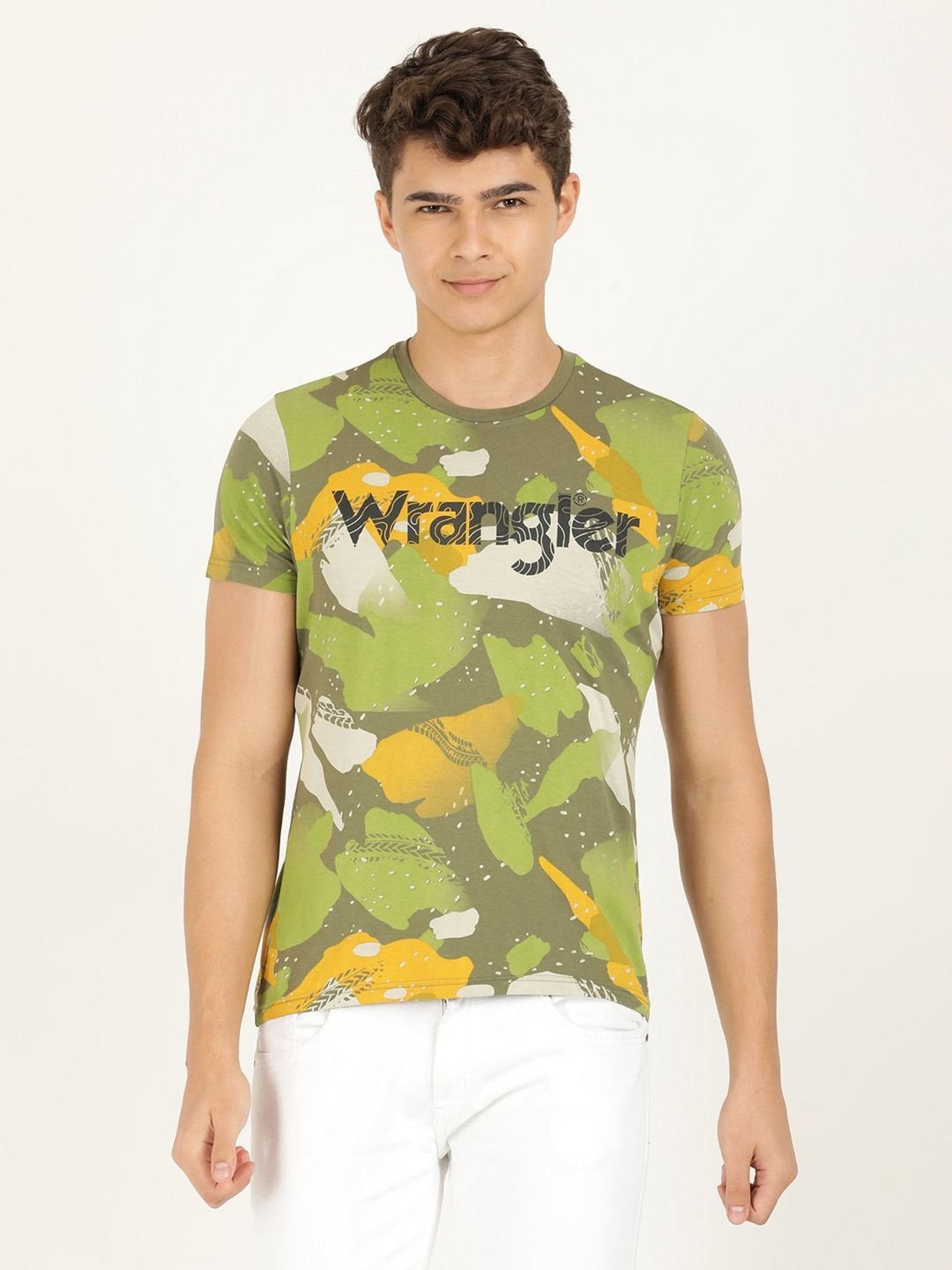 Wrangler Olive Cotton Regular Fit Printed T-Shirt