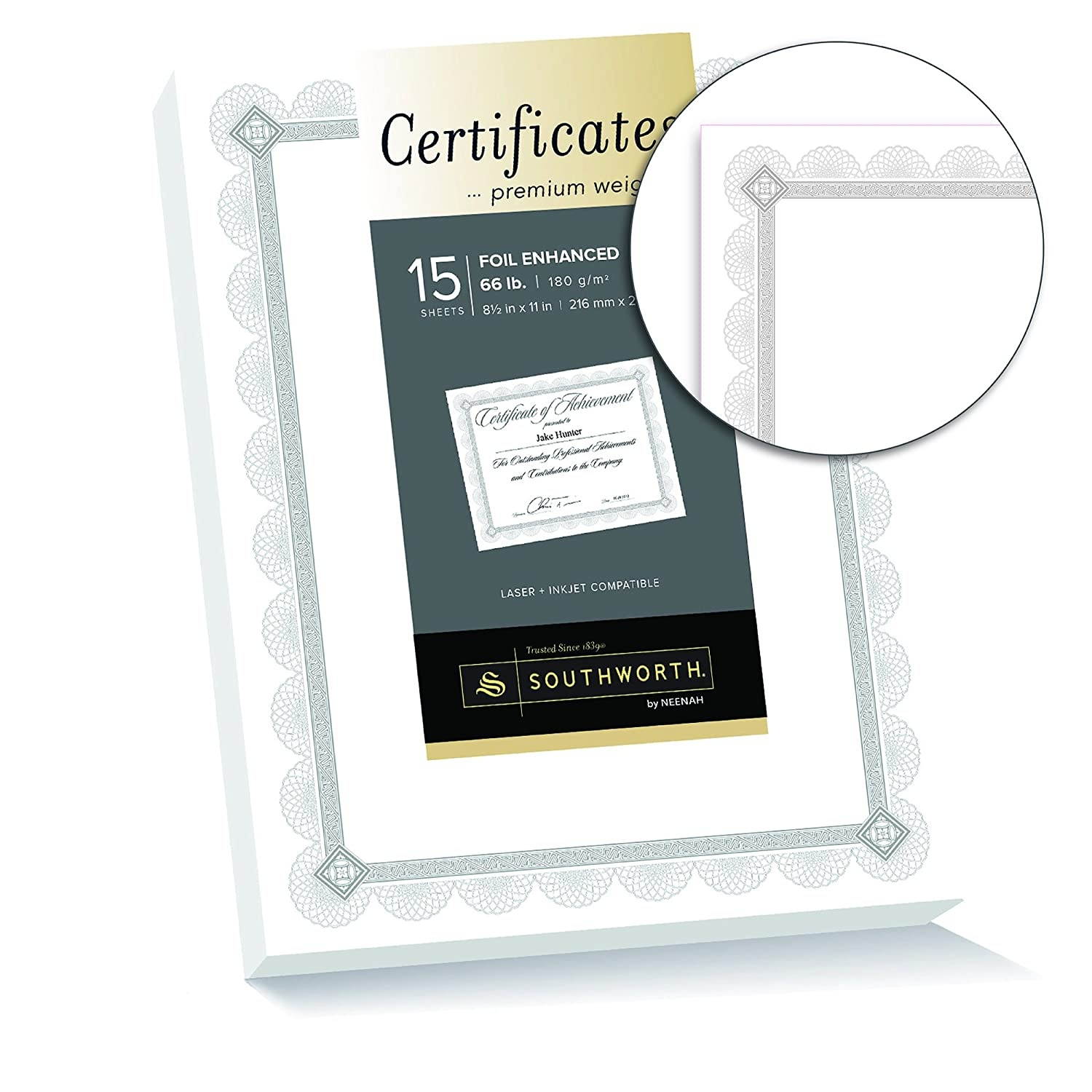 Southworth Foil Enhanced Premium Certificate, 8.5&rdquo; x 11&rdquo;, 66 lb/ 180 GSM, White, Silver Spiro Design, 15 Count - Packaging May Vary (CTP2W)