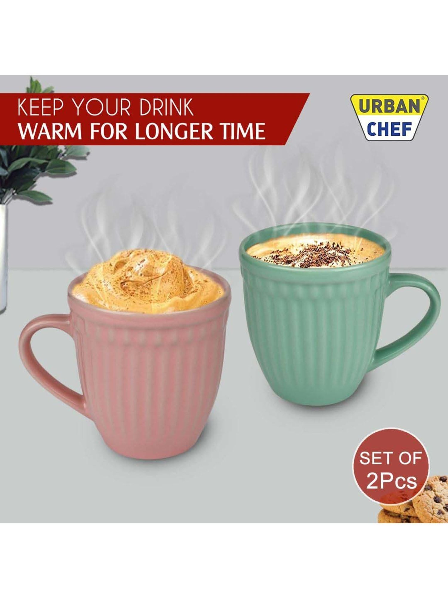 Urban Chef Pink & Green Ceramic Handcrafted Microwave Safe Tea Cup - Set of 2