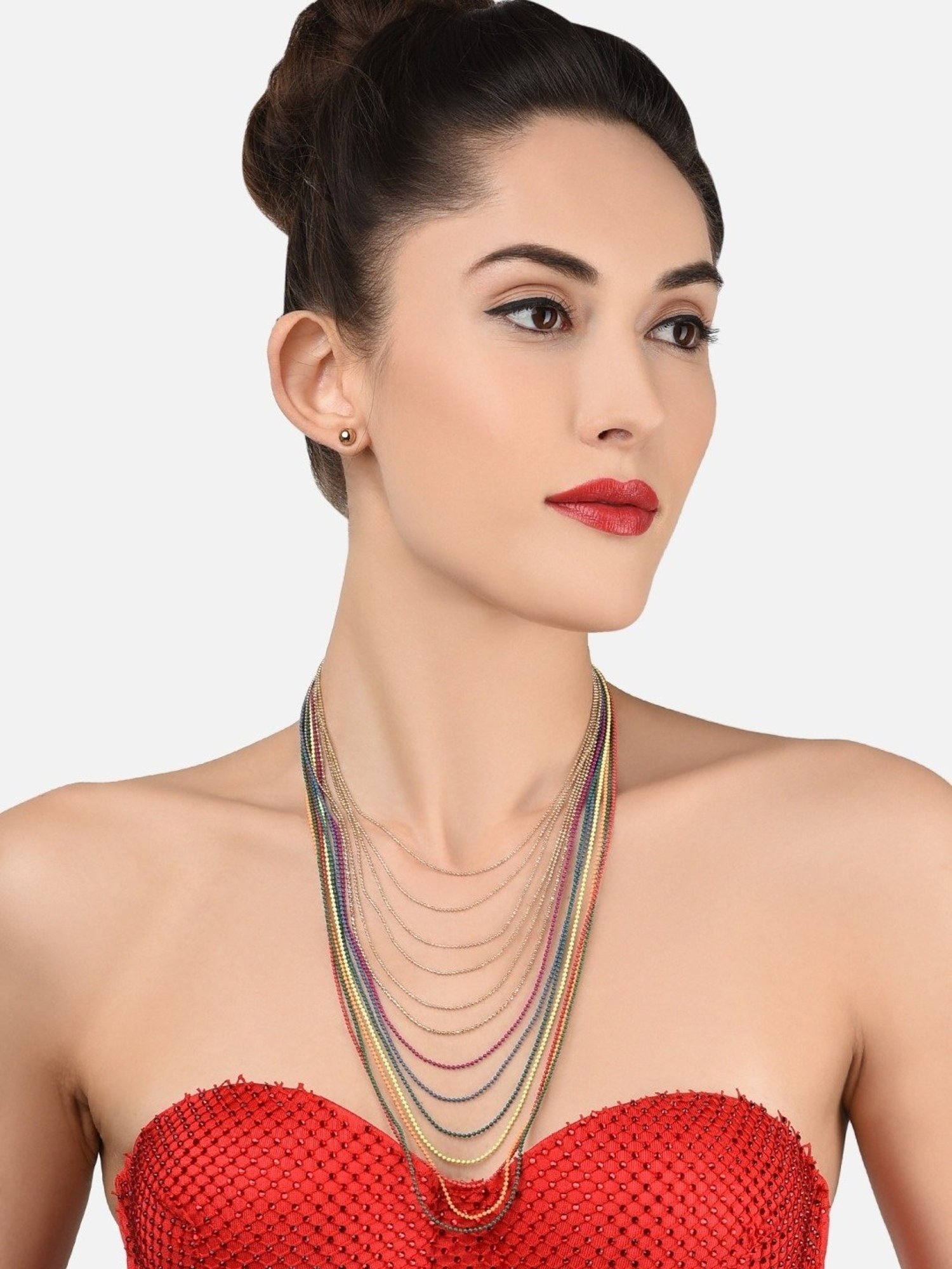Zaveri Pearls Gold Tone Multicolor & Multi Layered Classy Contemporary Necklace & Earring Set