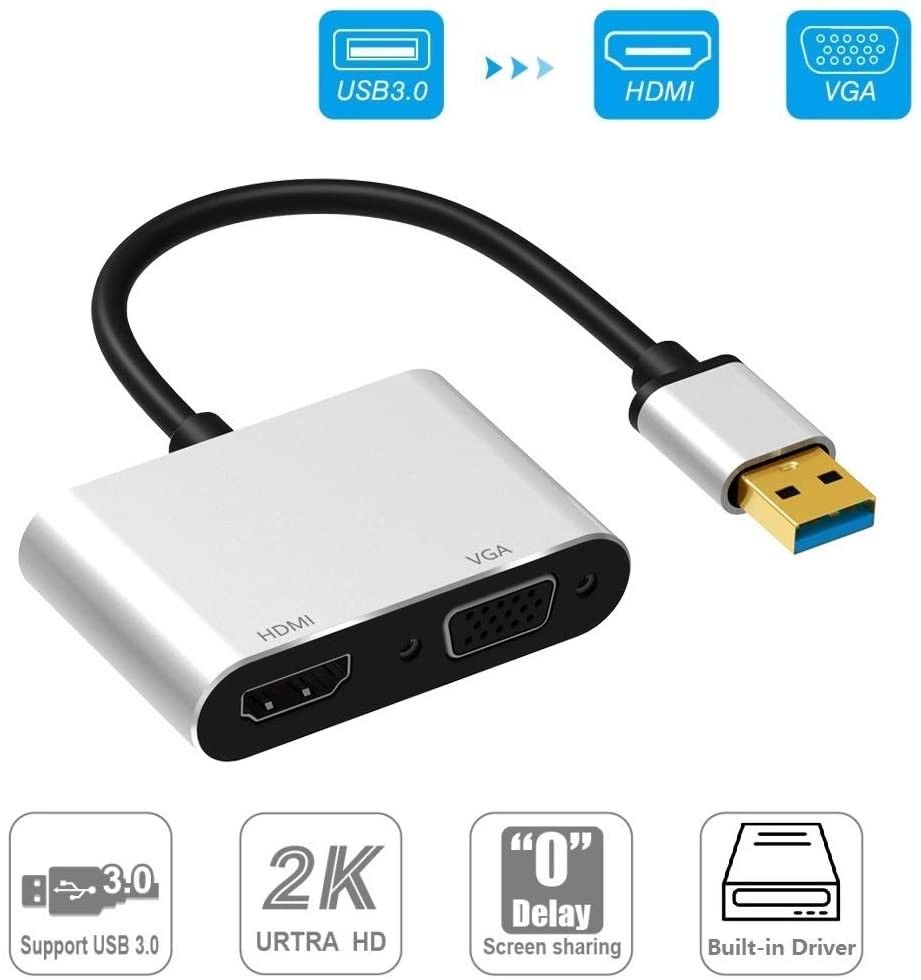 USB 3.0 to HDMI VGA Adapter Dual Output USB to VGA HDMI Adaptor Built-in Driver HD 1080P Converter Cable for Windows 7/8/10 Computers Not Support Mac OSLinuxChrome OS