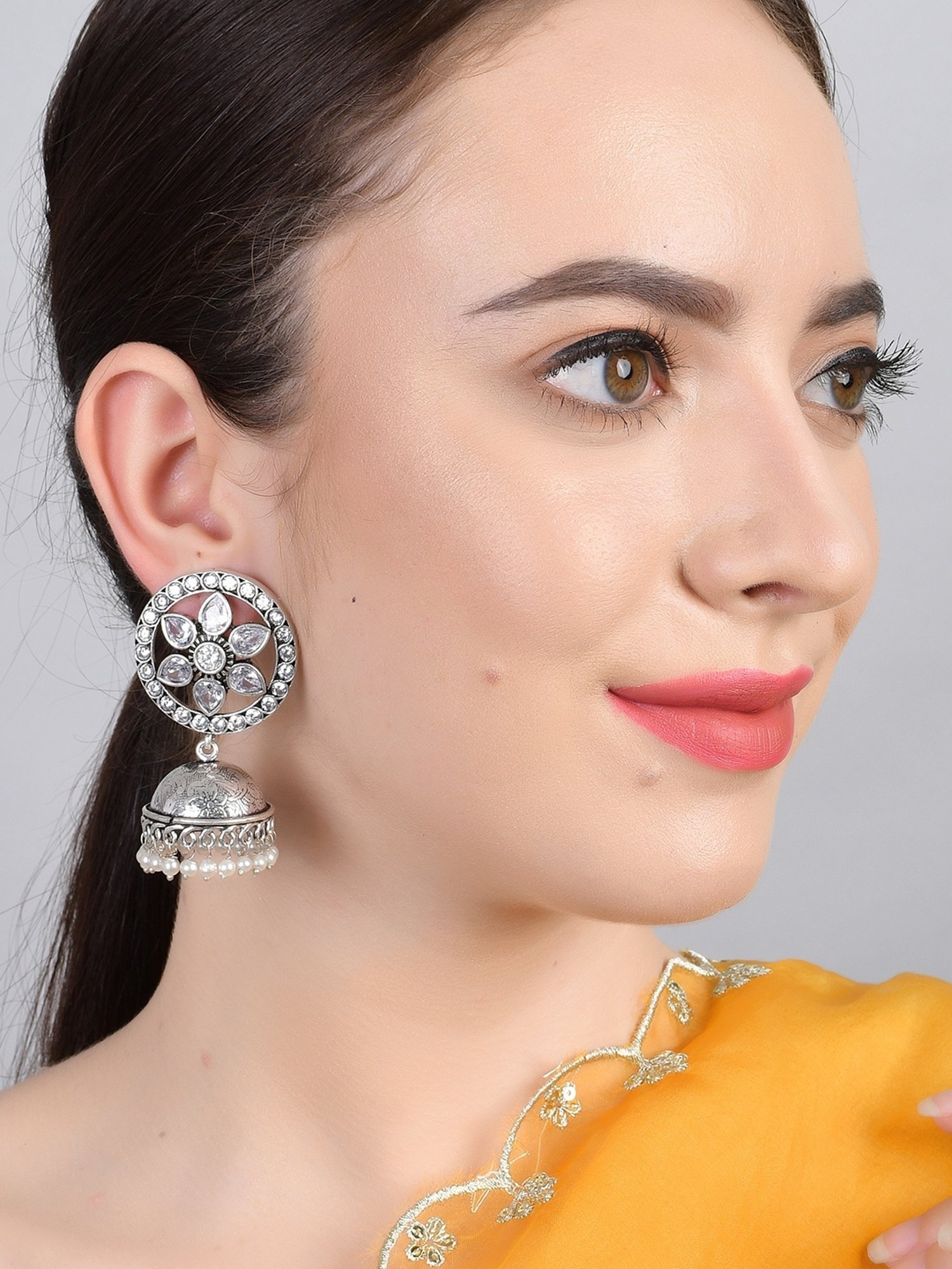 Imli Street White Silver Tone Stone-Studded Handcrafted Jhumki Earrings