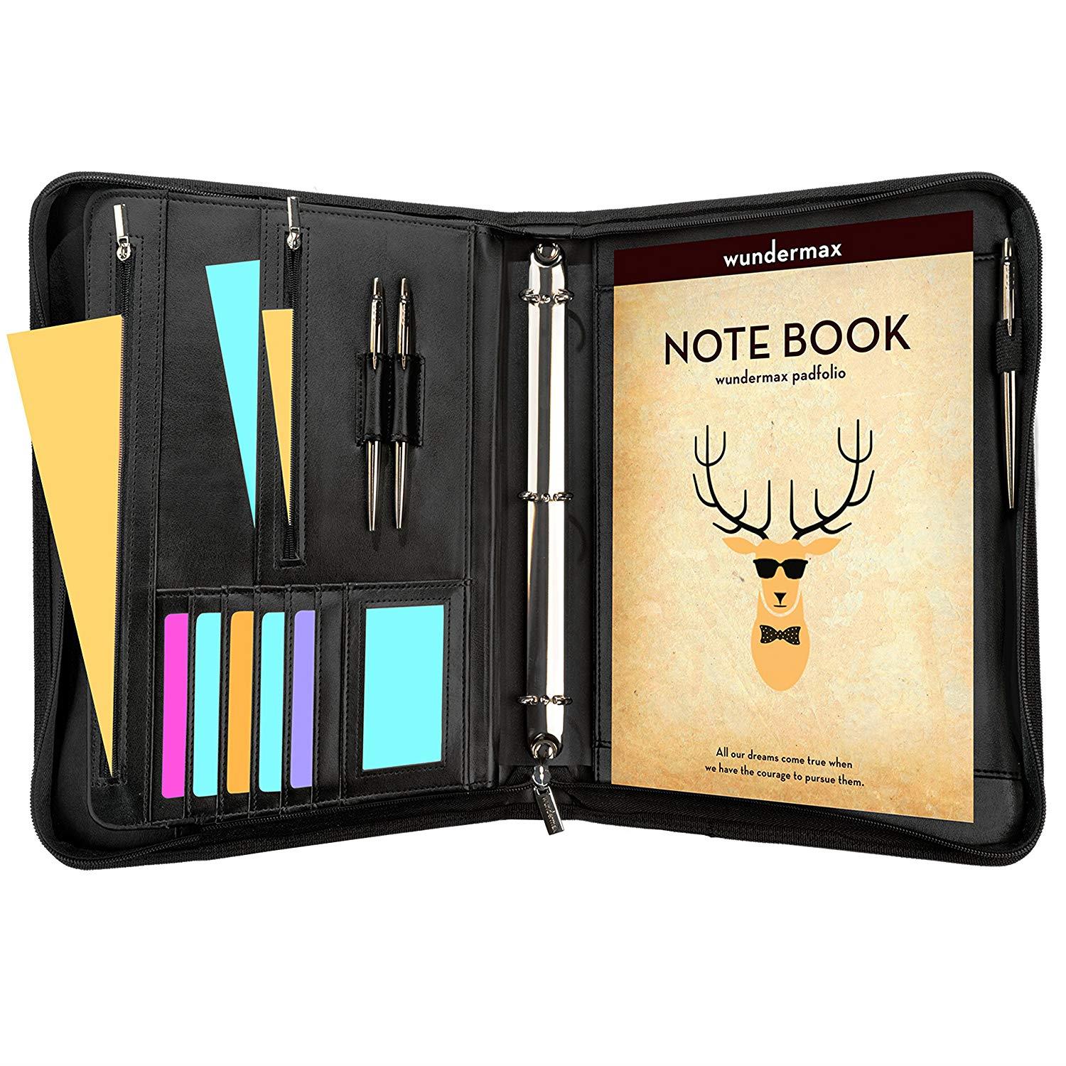 Wundermax Portfolio Binder A Zippered Padfolio with 3 Ring Binder Document Organizer Professional Interview PU Leather Folder Resume Holder Work Portfolio with Notebook and 10.1 Inch Tablet Sleeve