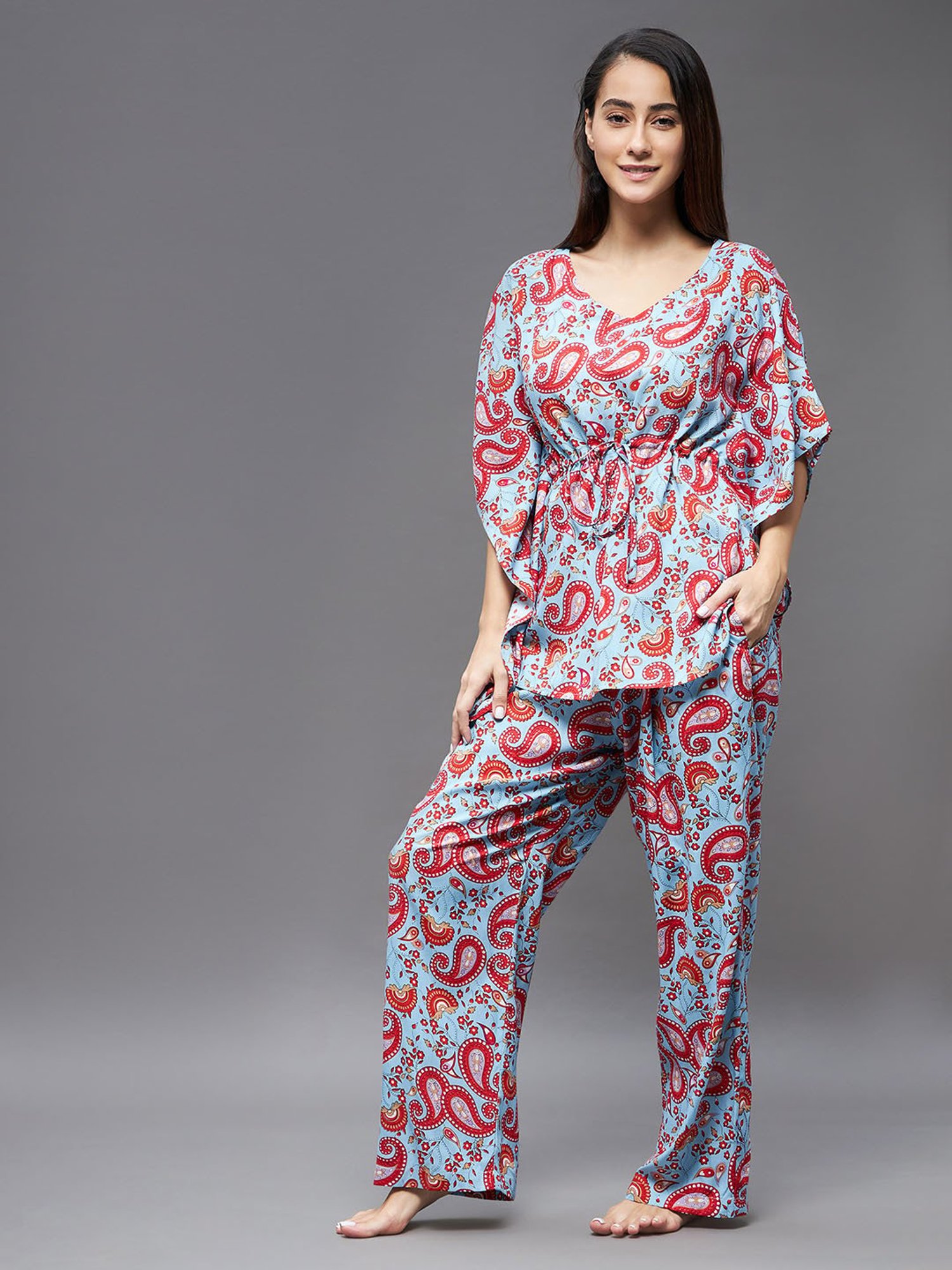 Miss Chase Blue & Red Rayon Printed Kaftan With Pyjamas