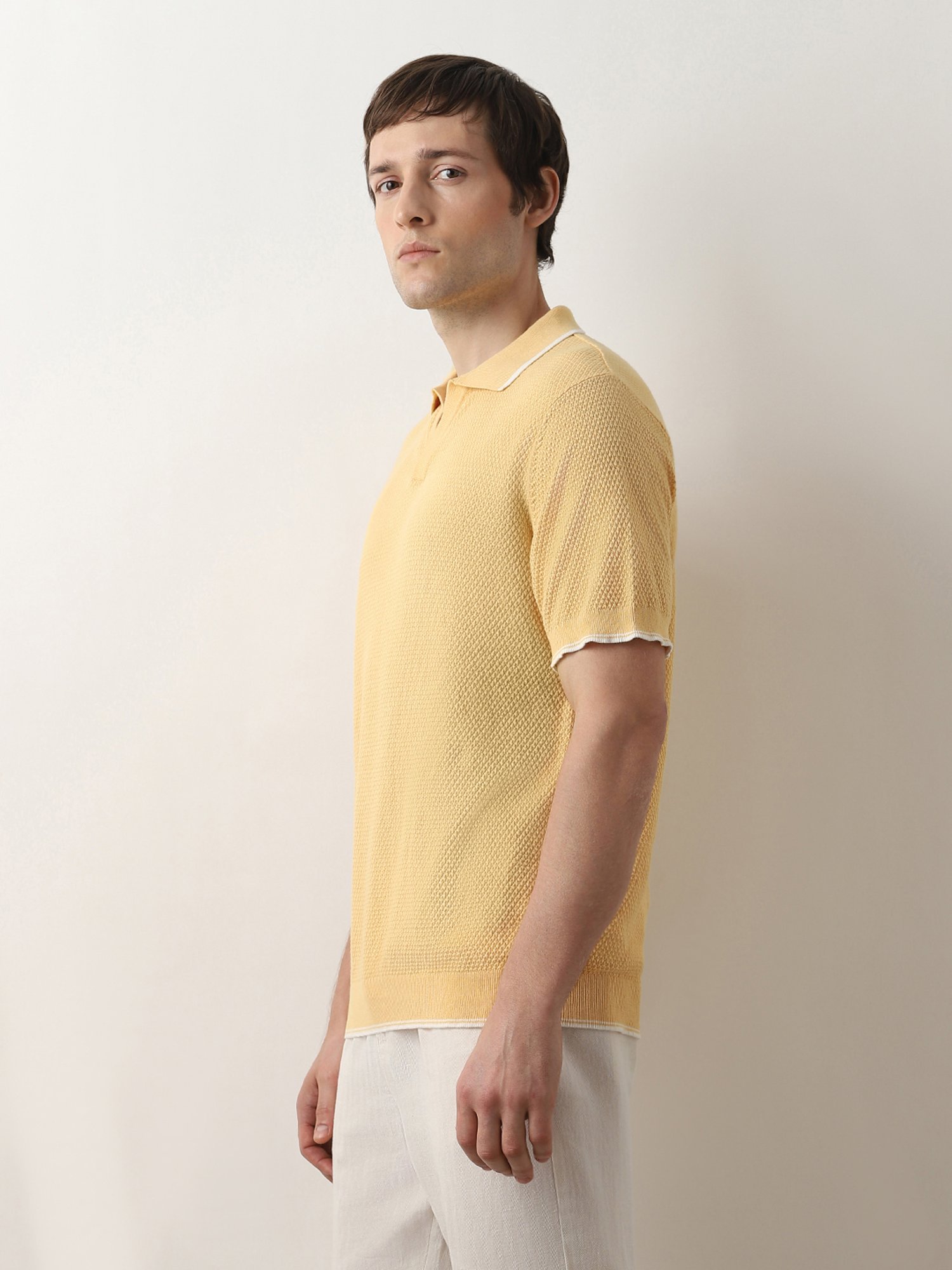 SELECTED HOMME Yellow Regular Fit Textured Cotton Polo T-Shirt