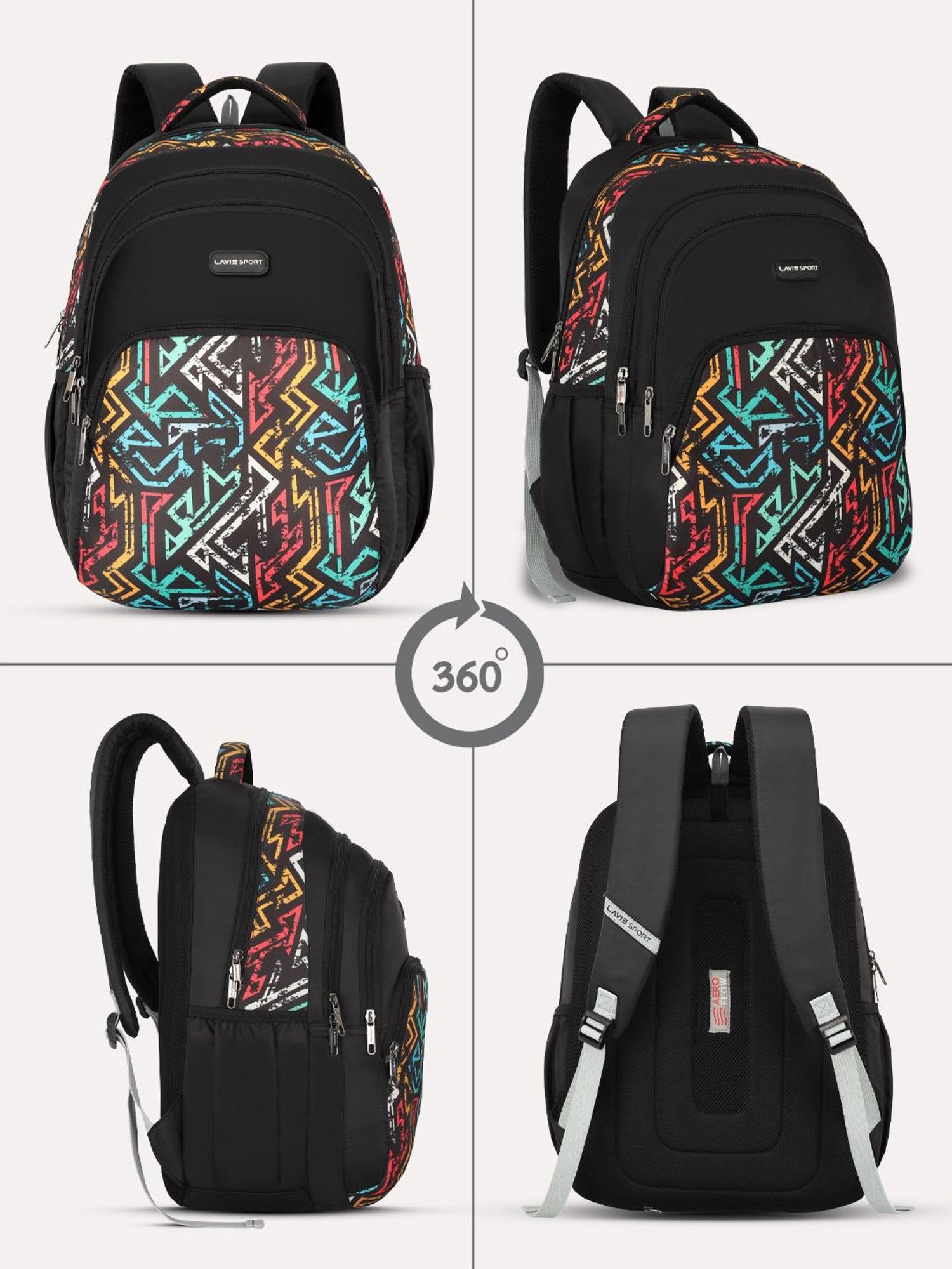 Lavie Sport Vector 39L Printed School Unisex Backpack with Rain cover for Boys/Girls (Black)