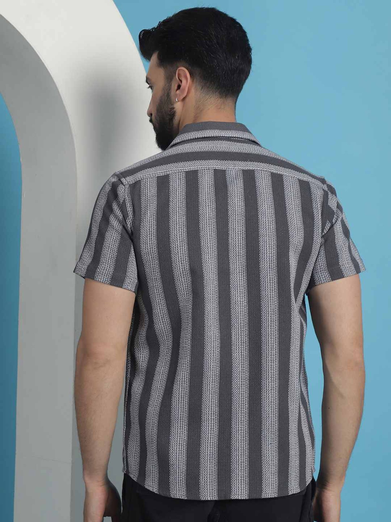 Indian Needle Grey Cotton Regular Fit Striped Shirt