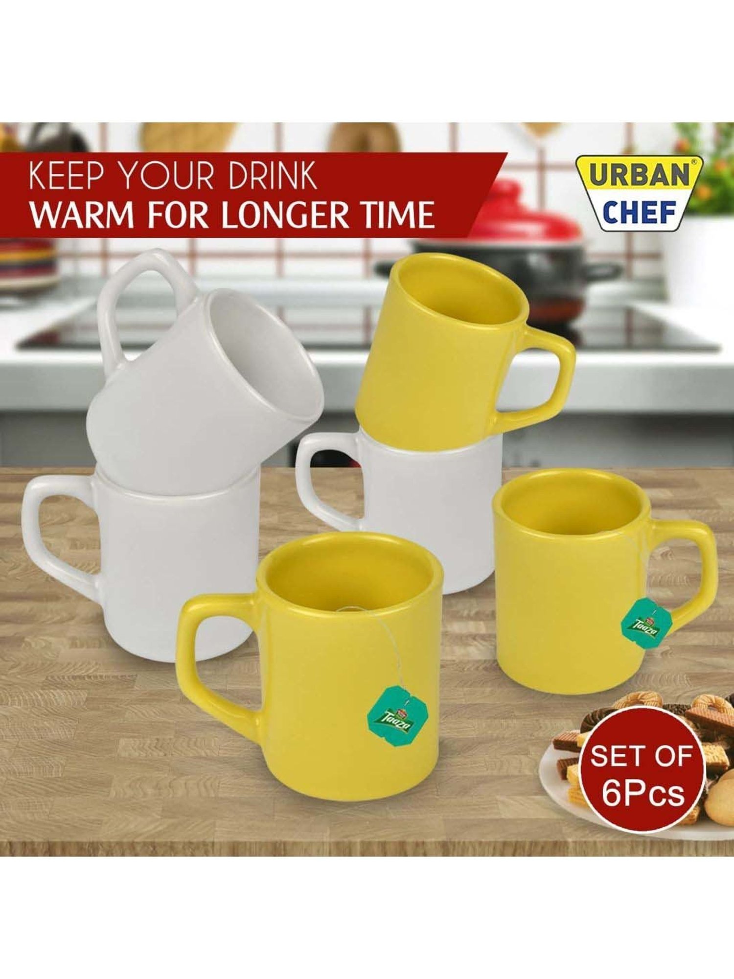 Urban Chef White & Yellow Ceramic Droite Handcrafted Microwave Safe Cup - Set of 6