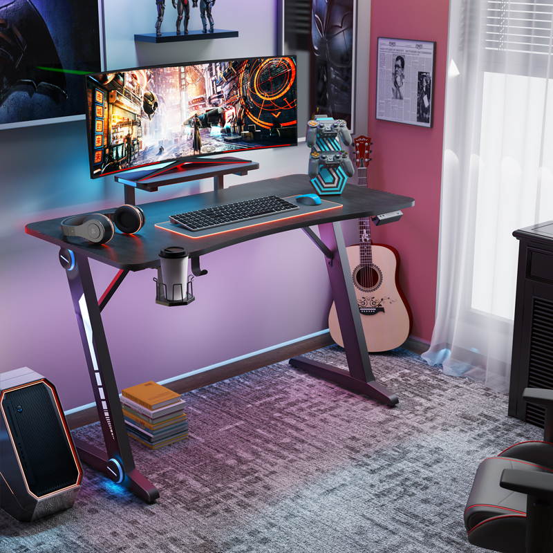 Z-Shaped Gaming Desk Home Office Computer Desk Gamer Workstation with Monitor Stand Carbon Fiber Surface Gamer Table with RGB Lights Cup Holder Headphone Hook Plug Board Holder