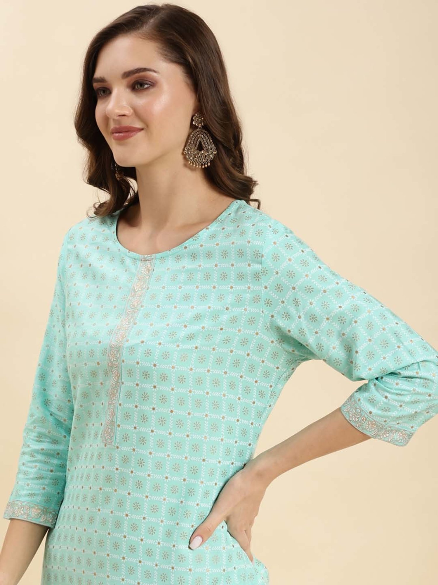 Rangita Sea Green & Off-White Printed Kurta Pant Set