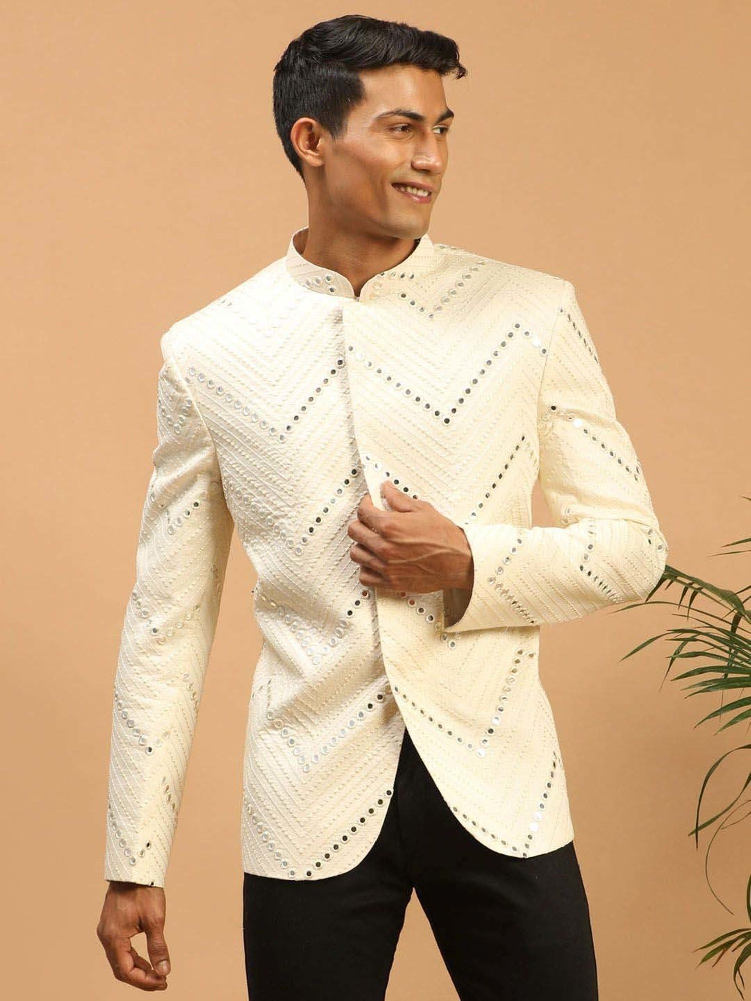 Vastramay Cream Regular Fit Embellished Ethnic Blazer