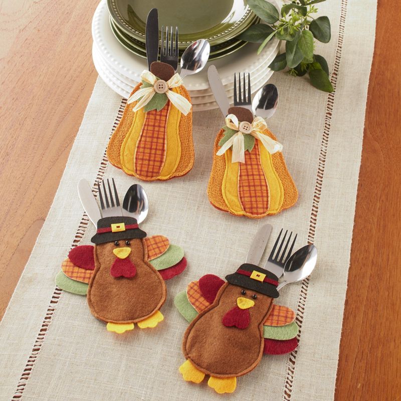 Lakeside Autumn Harvest Flatware Holders with Decorative Pumpkins and Turkeys - Set of 4