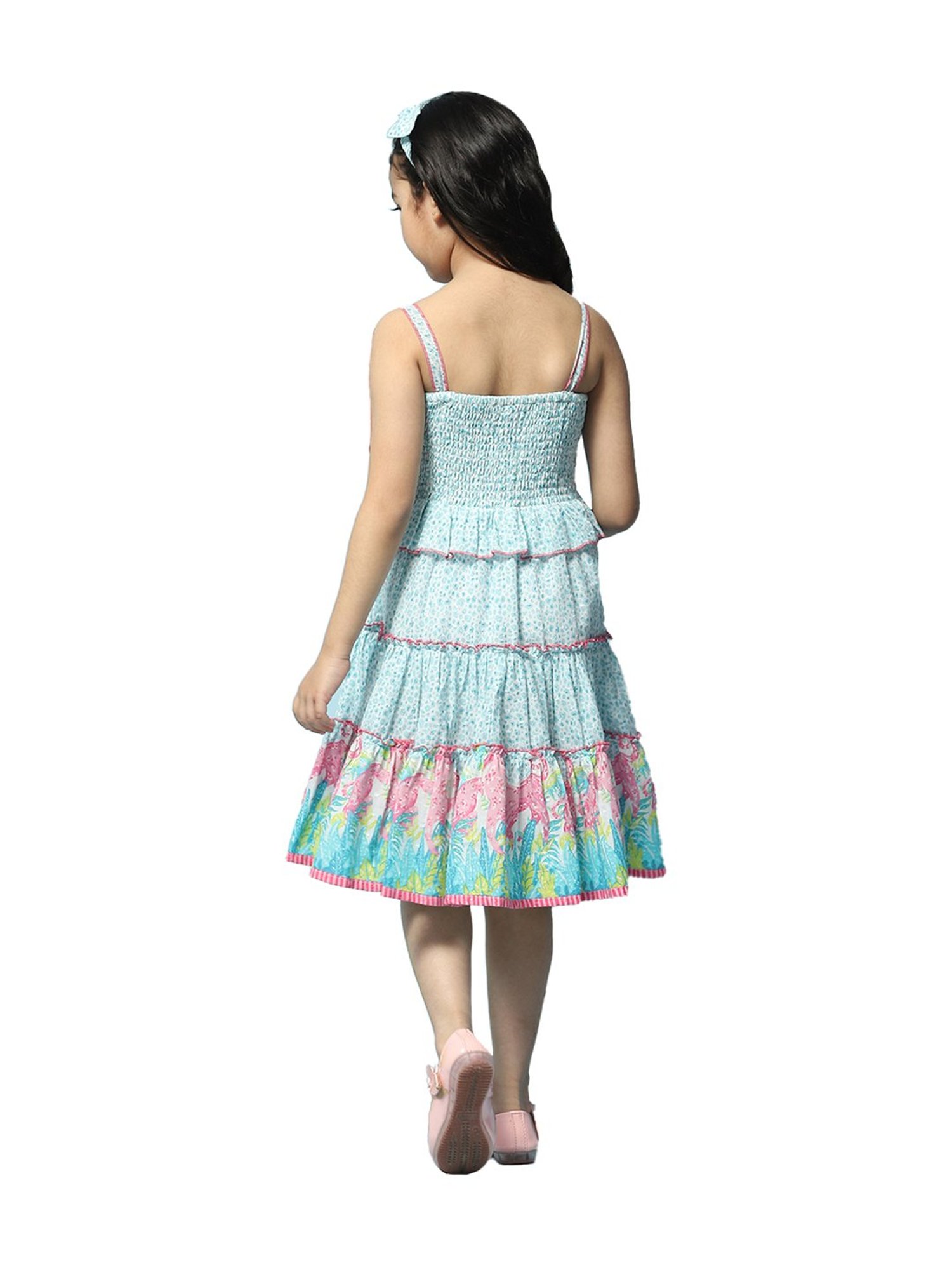 BIBA Girls Kids Turquoise Blue Cotton Printed Dress