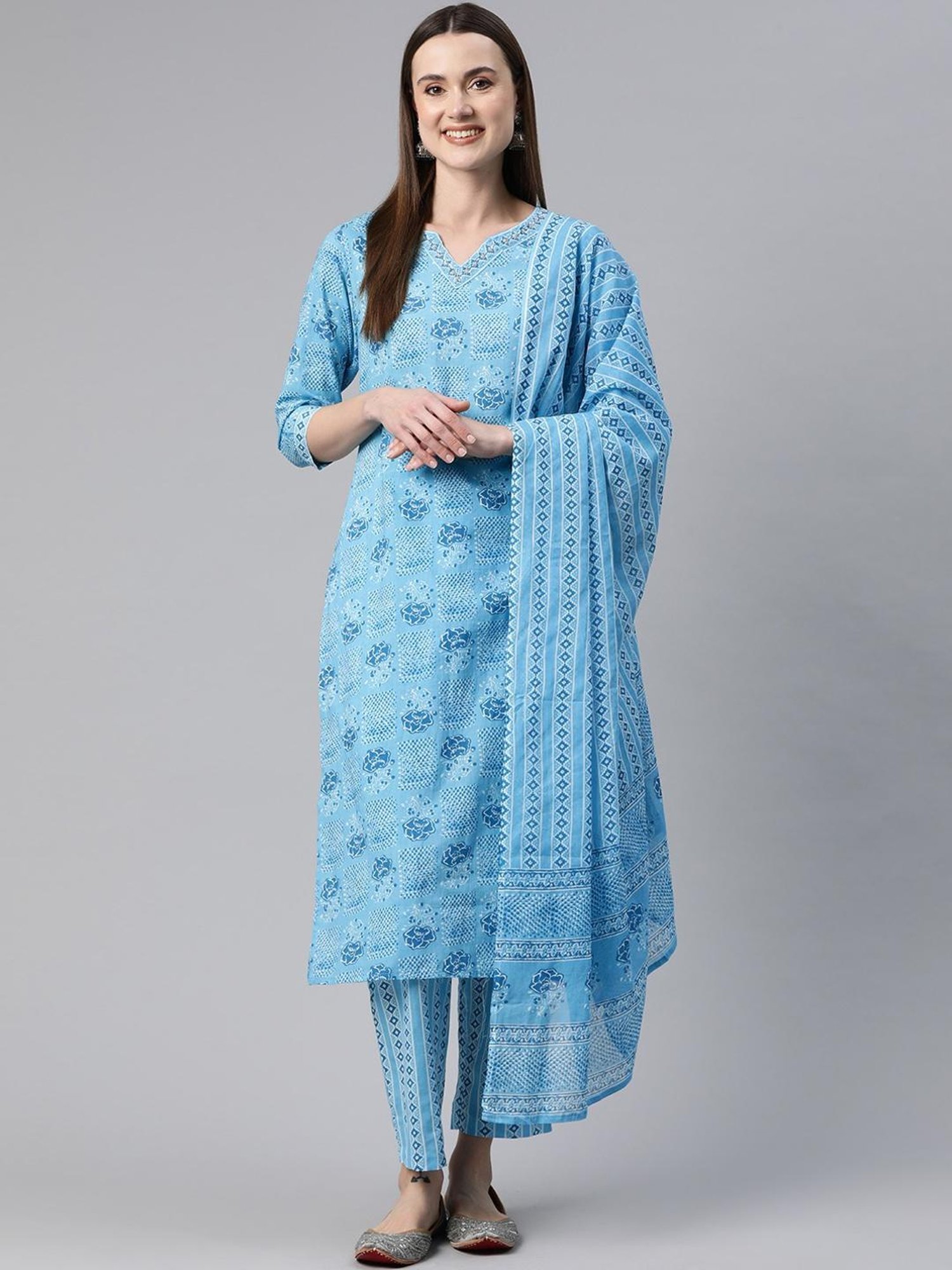 READIPRINT FASHIONS Blue Cotton Printed Kurta Pant Set With Dupatta