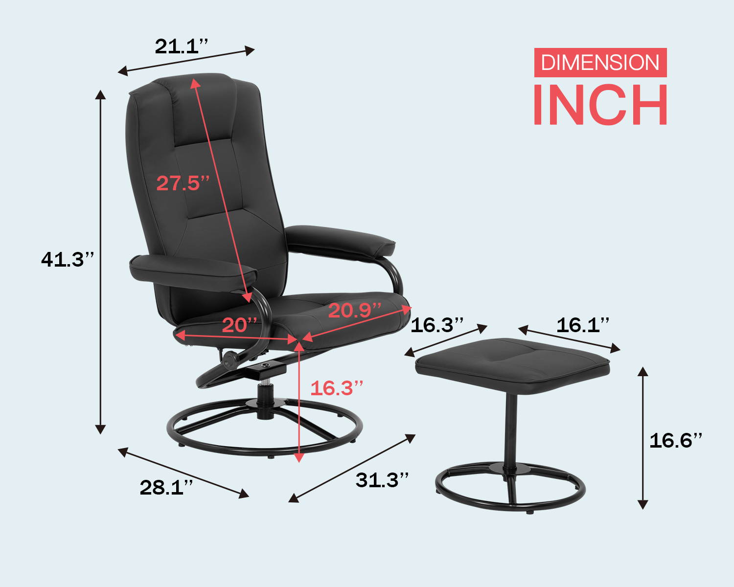 Chair and Ottoman Set Leather Chair with Ottoman Stressless Chair Ergonomic Swivel PU Leather Lounge Armchair Accent Chair for Home Office Living Room Black