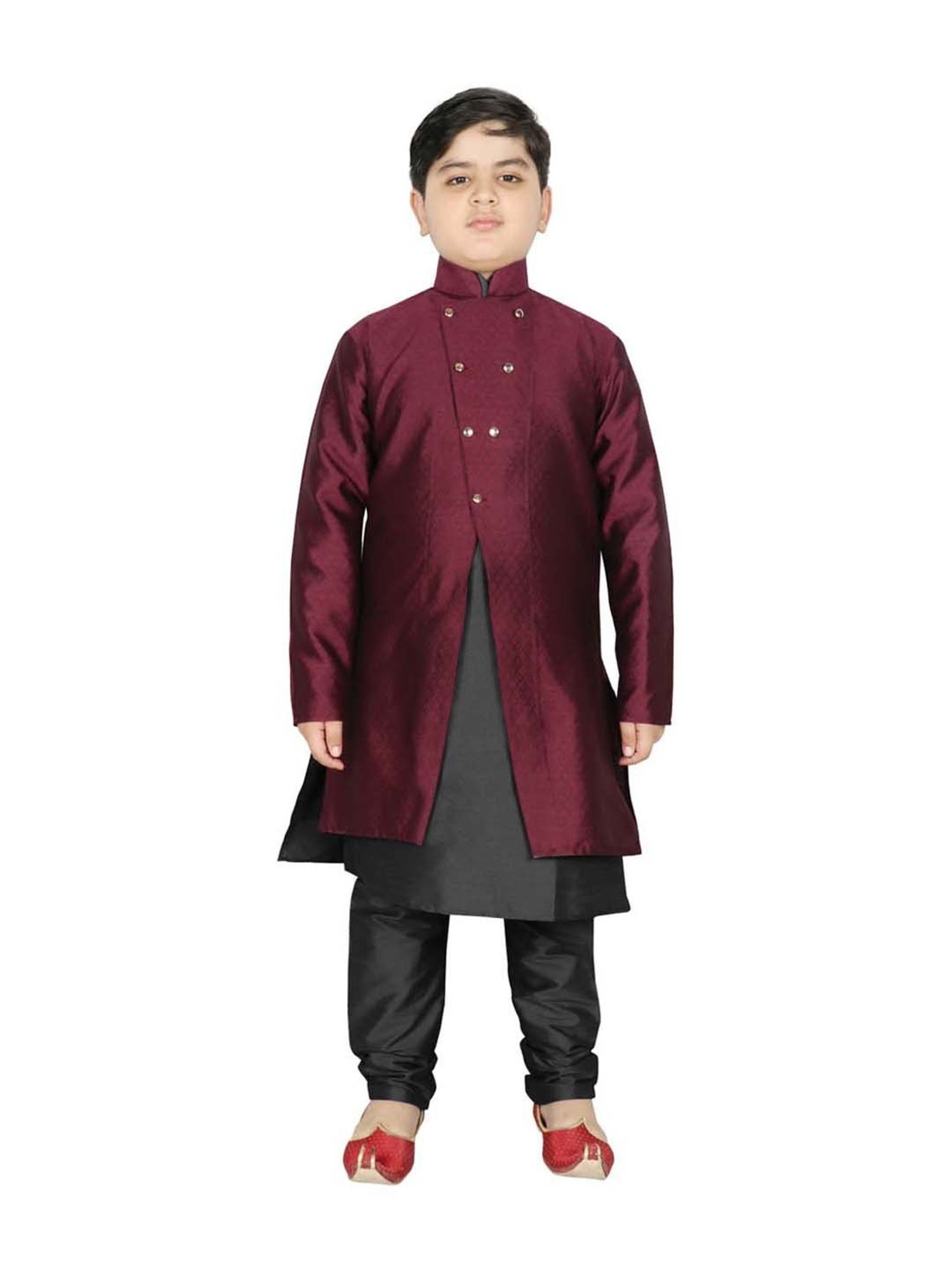 SG Yuvraj Kids Wine & Black Textured Pattern Full Sleeves Kurta Set