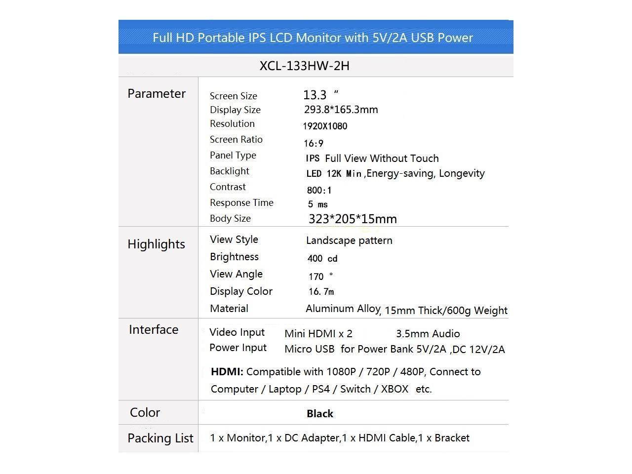 13.3 inch IPS 1920x1080 Full HD Portable Ultrathin 1080p LCD Monitor with HDMI / Audio / Micro USB Ports for PS4, Xbox One, Switch, Car Video, Industrial and Medical Display etc.