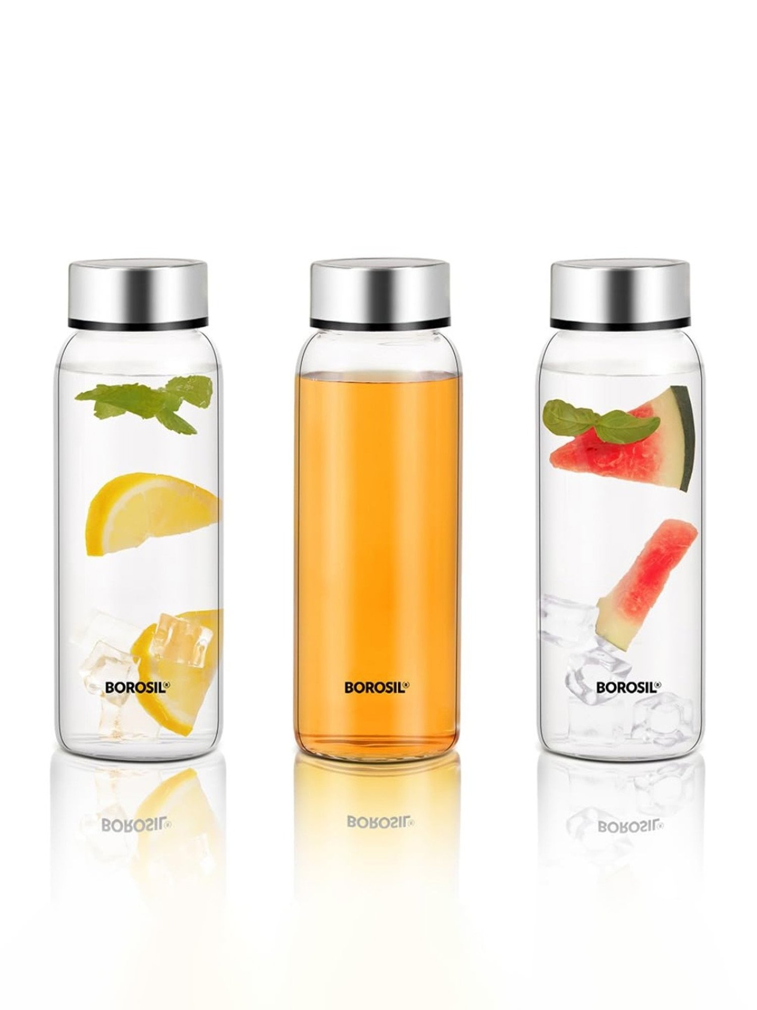 Borosil Water Bottle with Leakproof & Easy to Carry Set of 3 (Transparent, 750 ml)
