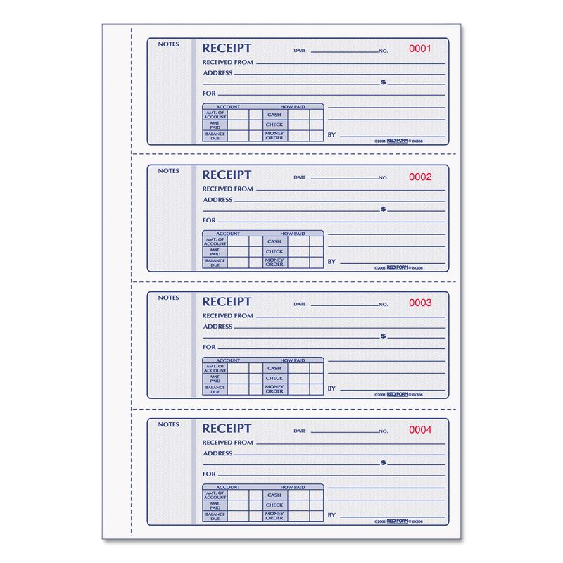 Rediform Receipt Book 2 3/4 x 7 Triplicate with Carbons 200 Sets/Book 8K808