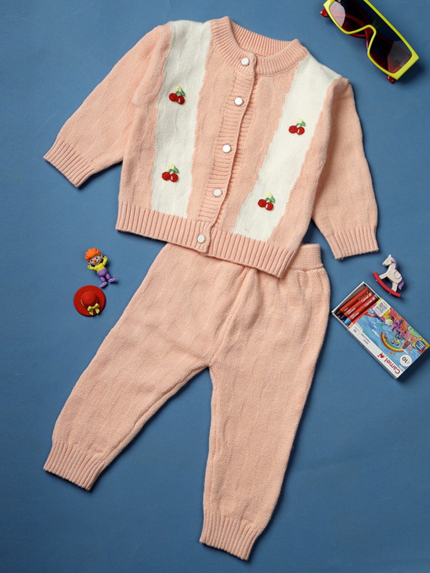 NEUDIS Girls Peach & Cream Self Design Full Sleeves Sweatshirt with Joggers