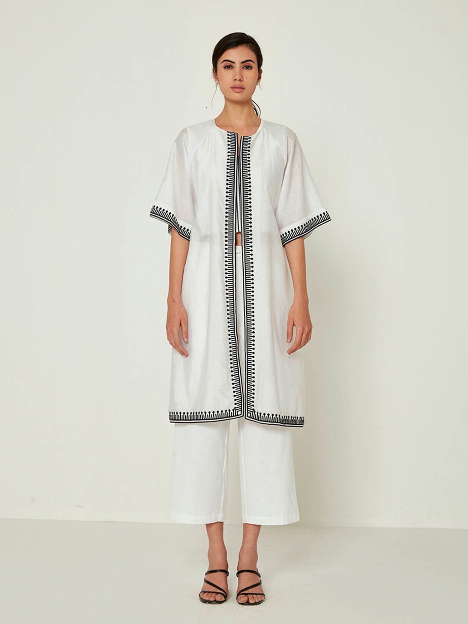 ANCESTRY White Chanderi Crop Top & Pants Set With Jacket