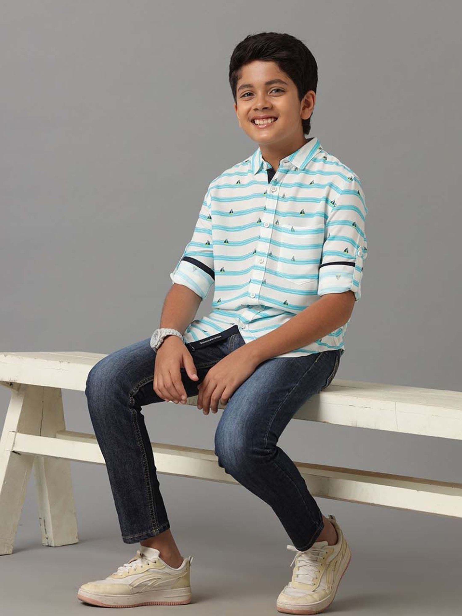 Under Fourteen Only Kids Green Printed Full Sleeves Shirt