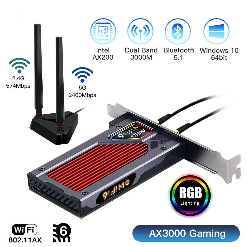 Fenvi WiFi 6 AX3000 PCIe WiFi Card (FV-AX3000RGB), Up to 2400Mbps, Bluetooth 5.1, 802.11AX Dual Band Wireless Adapter with MU-MIMO,OFDMA,Ultra-Low Latency, Supports Windows 10 (64bit),RGB Lighting