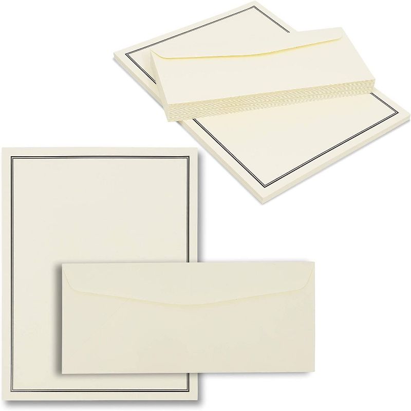 Pipilo Press 48-Sheet Ivory Premium Stationery Paper with Black Border & 24-Count Envelopes for Invitations & Messages