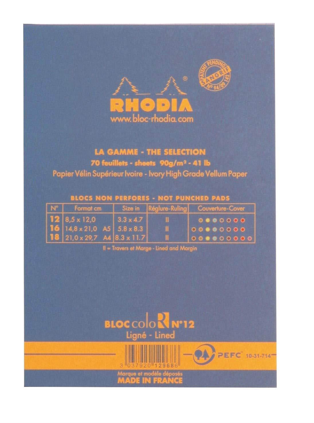 Rhodia 85 x 120 mm Color Head Stapled Pad, No12, Lined - Sapphire Blue