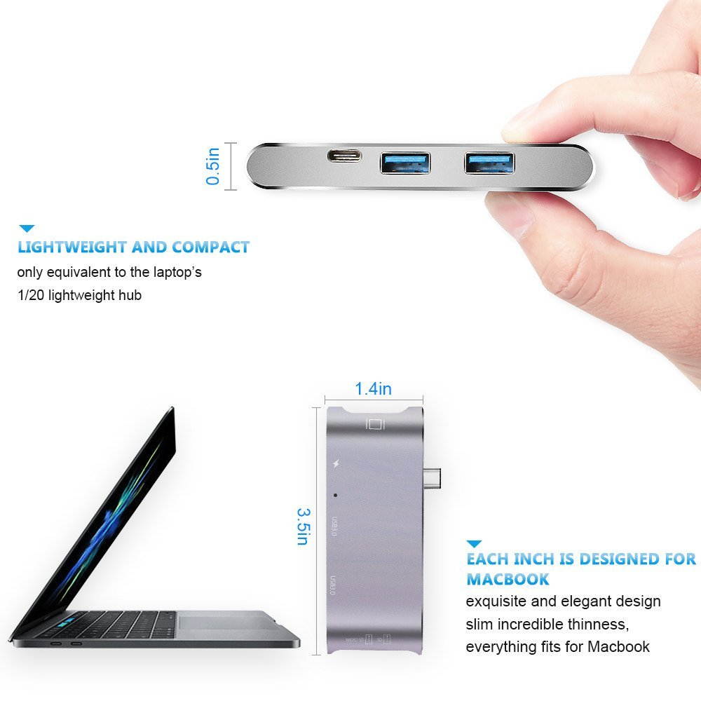 USB C Hub, USB C Adapter Type-C 3.1 with 2 USB-C 3.0 Ports,SD/TF Card Reader,HDMI 4K&PD Charging for Macbook Pro,Micsoft 950XL,Google Chromebook and More Type C Devices (Silver)
