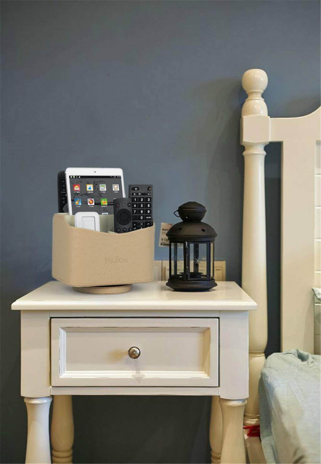 Ostrich PU leather Media Storage Spinning Remote Controller Holder, Remote Control Holder Organizer, Remote Caddy with Beautiful Defined Pattern, Makeup Brush Holder, Beige, 7.3x 5.5 x 6 inches